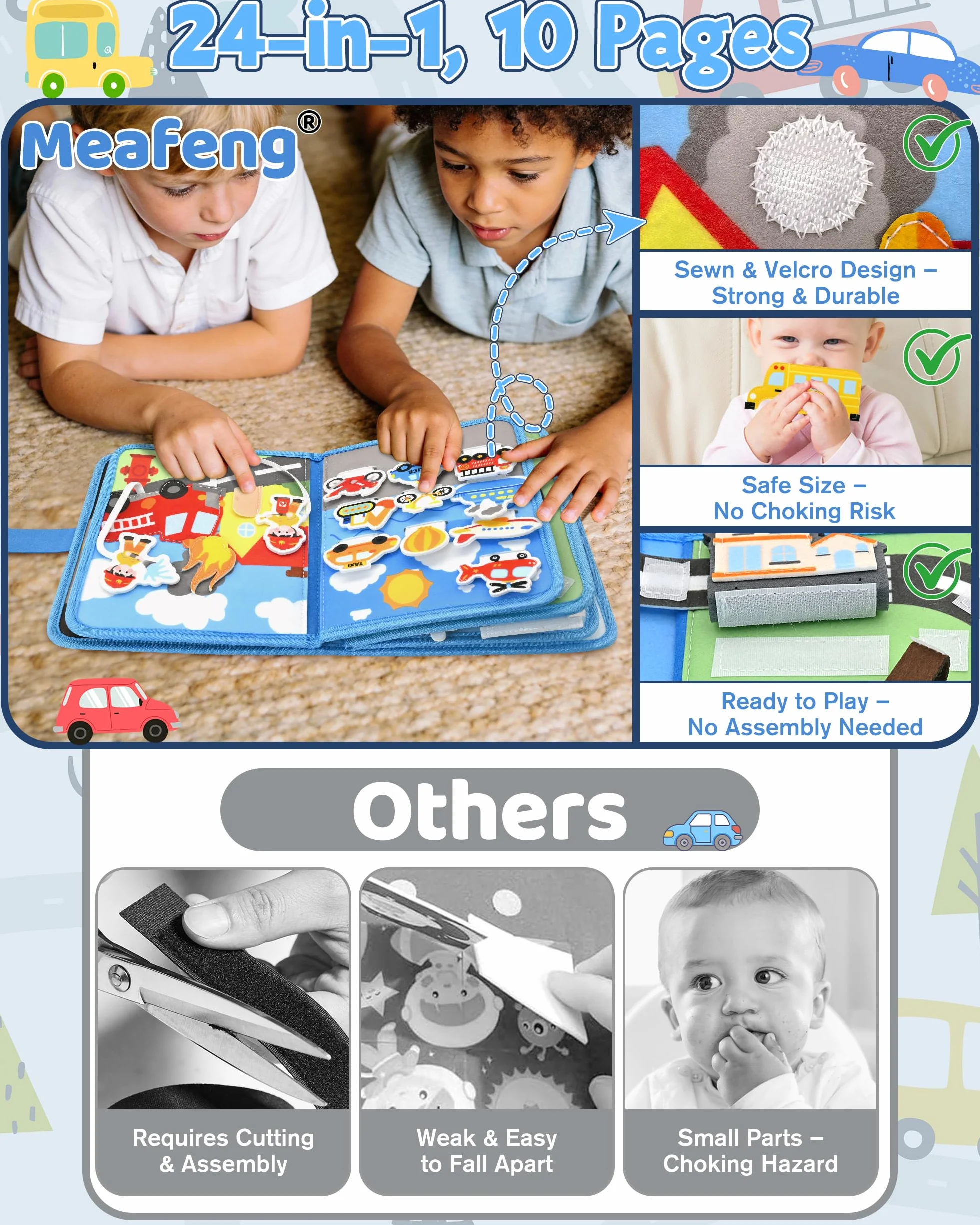 Busy Board Book pour Enfant 12-36 Mois – Livre Quiet 3D Véhicules Montessori, Jeux de Voyage Avion Voiture – Cadeau Anniversaire Bébé 1-3 Ans
