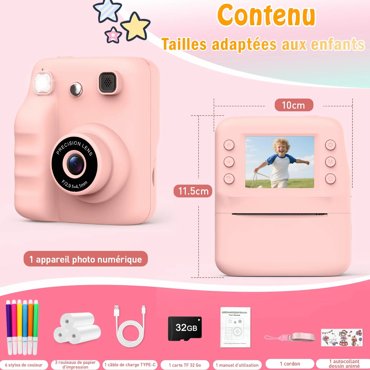 Appareil Photo Instantané Enfant avec Papier d'Impression & Carte 32GB, Écran 2.4'' HD, Vidéo 1080P, Selfie & Jeux