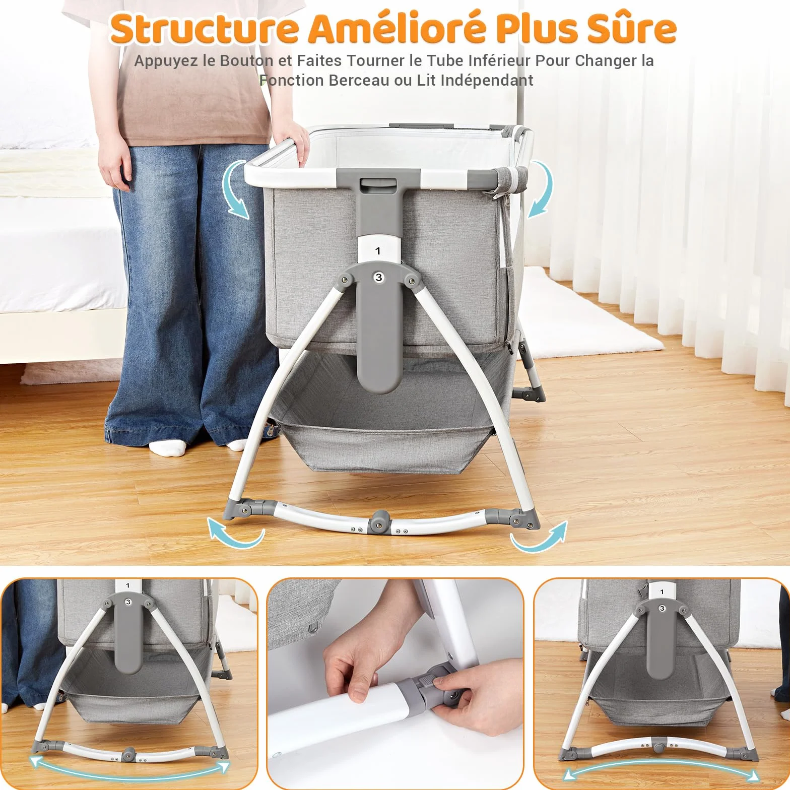 Lit Bébé Évolutif 3 en 1 Convertible Cododo avec Moustiquaire, Matelas, Bascule, 7 Hauteurs Réglables, 0-36 Mois