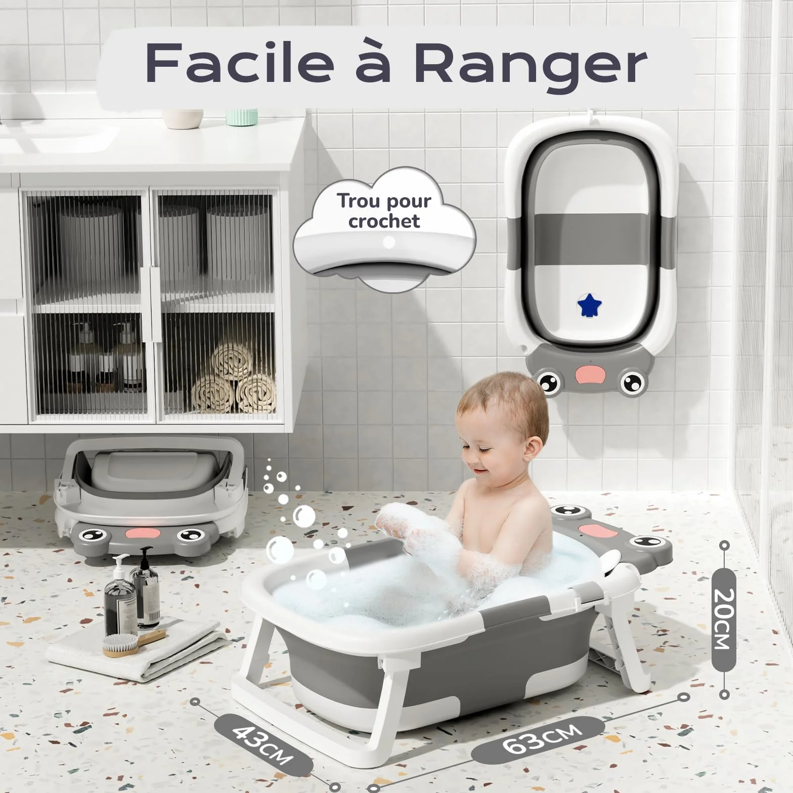 COOSEYA Baignoire Pliable pour Bébé, Grise, Inclut Coussin de Bain, Bouchon d'Évacuation