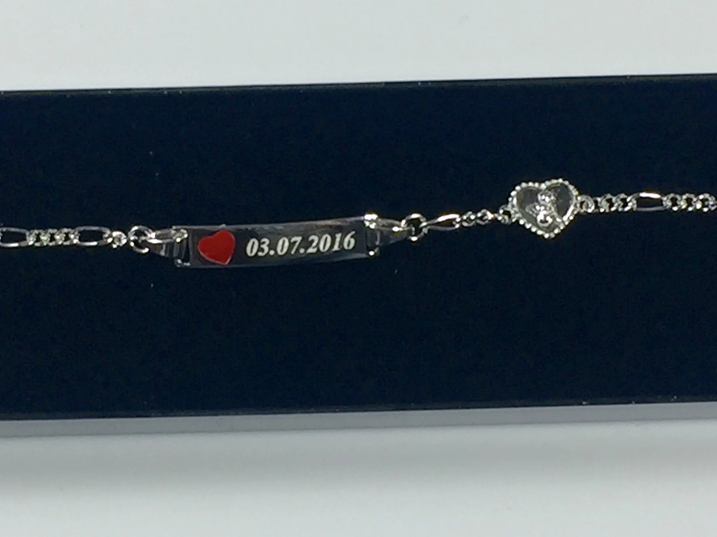 Bracelet gravé nom bébé enfant argent 925 cœur rouge ange 16 cm boîte cadeau