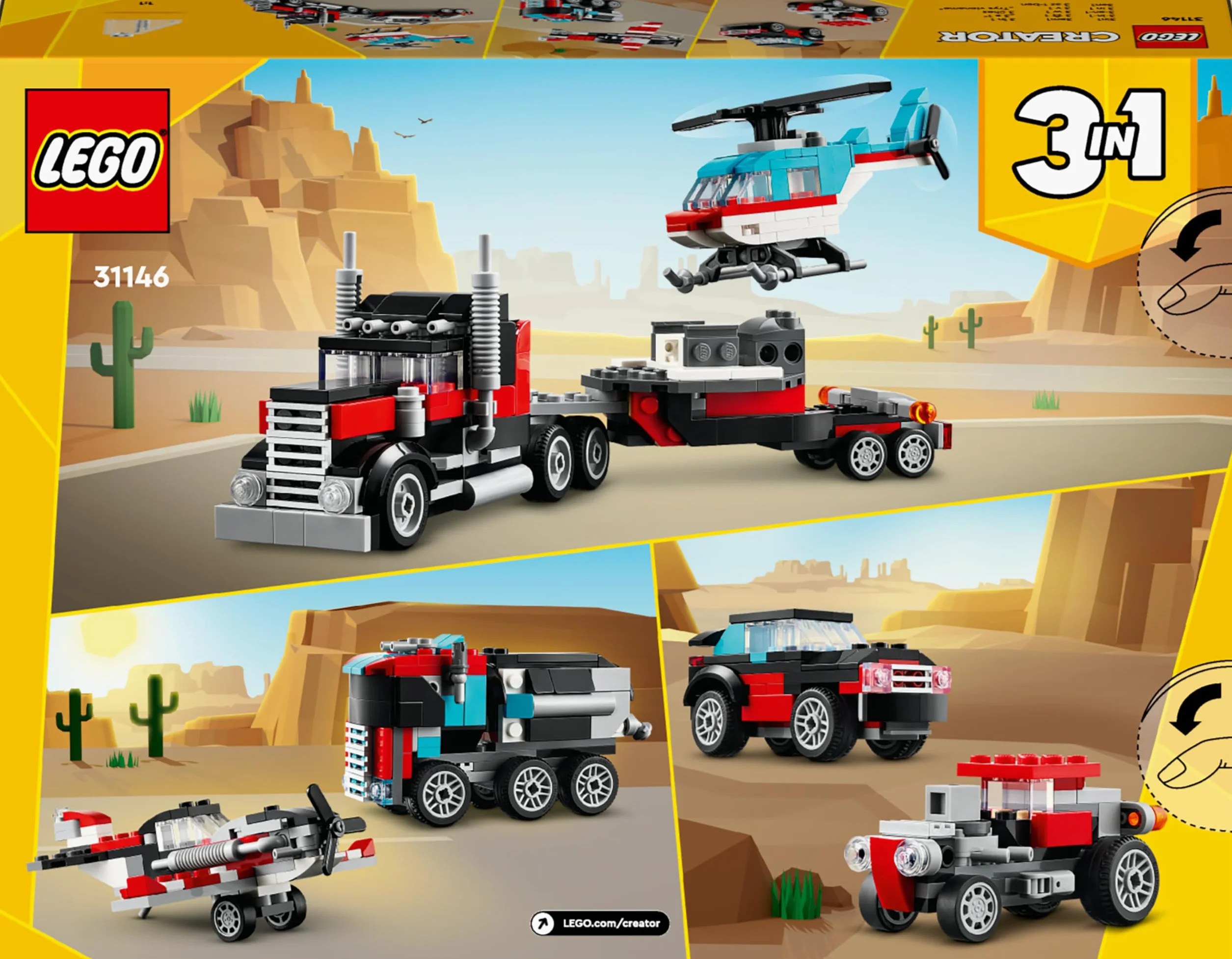 LEGO Creator 3in1 Flatbed Truck with Helicopter Toy to Propeller Plane and Fuel Lorry to Hot Rod and SUV Car Toys 31146 for 7 Plus Year Old Boys Girls