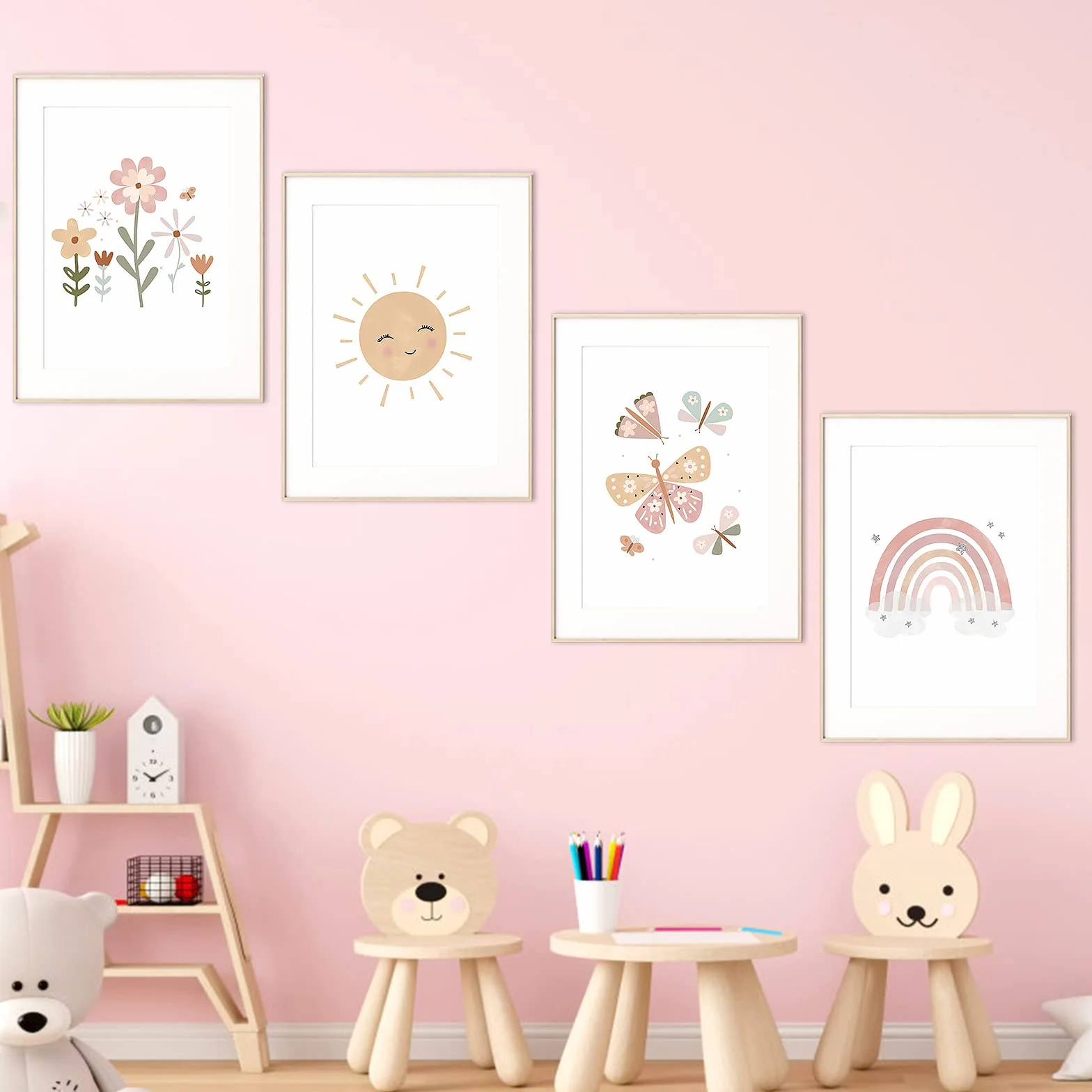 Vegena Lot de 4 tableaux Décoration murale chambre enfant Arc-en-ciel soleil nuage fleurs papillons DIN A4 Bohème