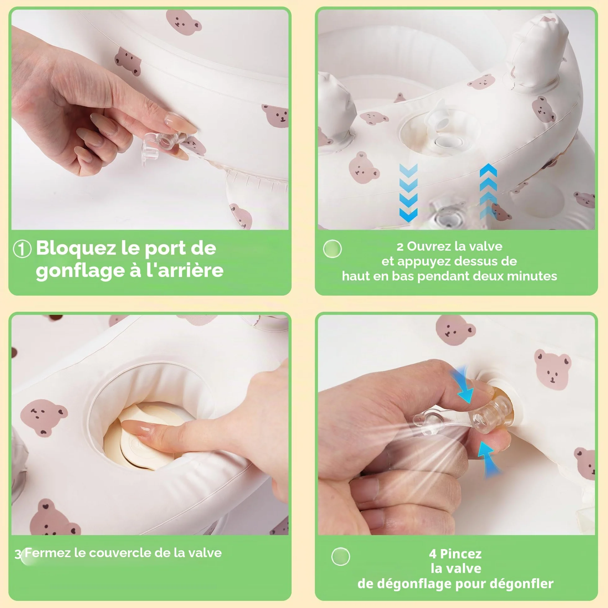 Siège bébé gonflable Zolirao avec pompe à air intégrée, portable 3-36 mois, soutien dos et nuque, sans BPA, motif ours