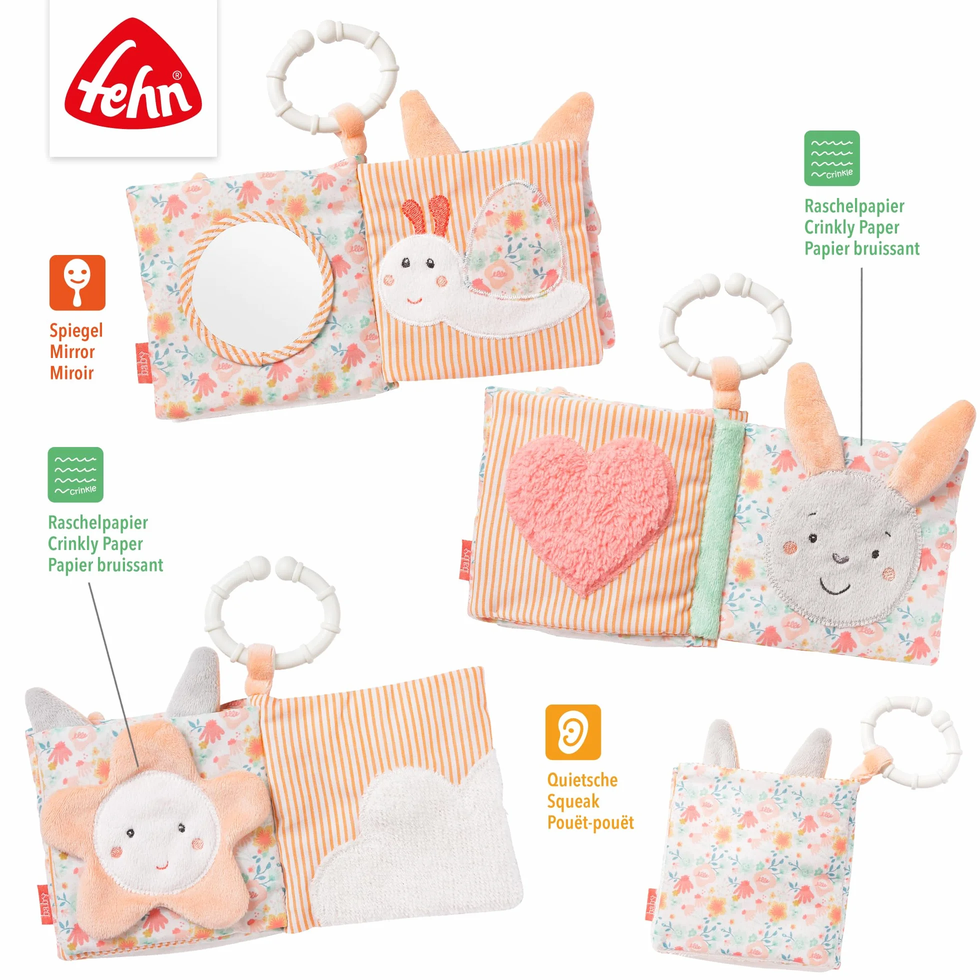Fehn livre en tissu Lac des cygnes - Livre tactile motifs animaux - Jouet suspendre poussette siège auto bébé dès naissance