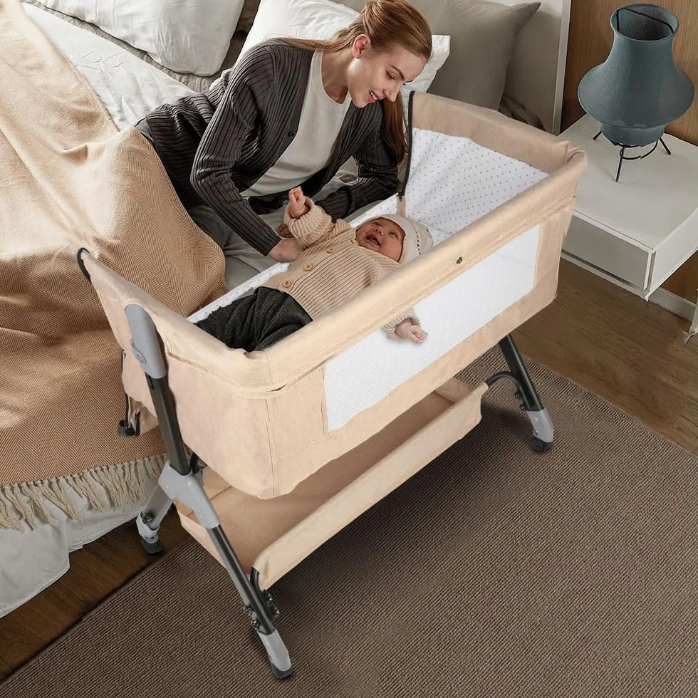 HUOLE Lit Cododo Bebe 4 Niveaux Couffin Dormir Securite Portable Plier Nouveau-ne 104x52x100-110 cm Blanc casse