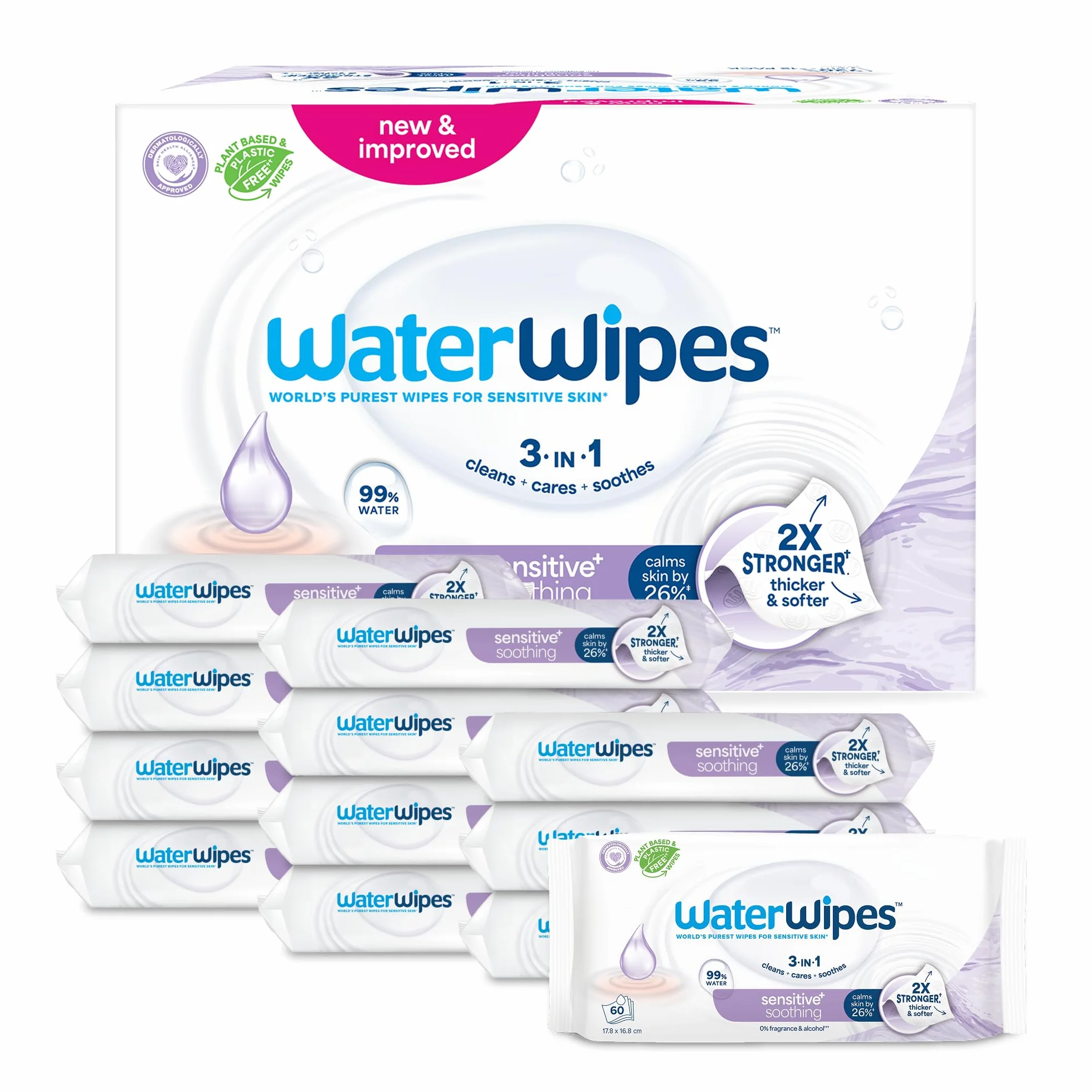WaterWipes Sensitive+ Lingettes Apaisantes 720 unités 12 paquets 3-en-1 nettoie soigne apaise 99% eau extraits botaniques non parfumées