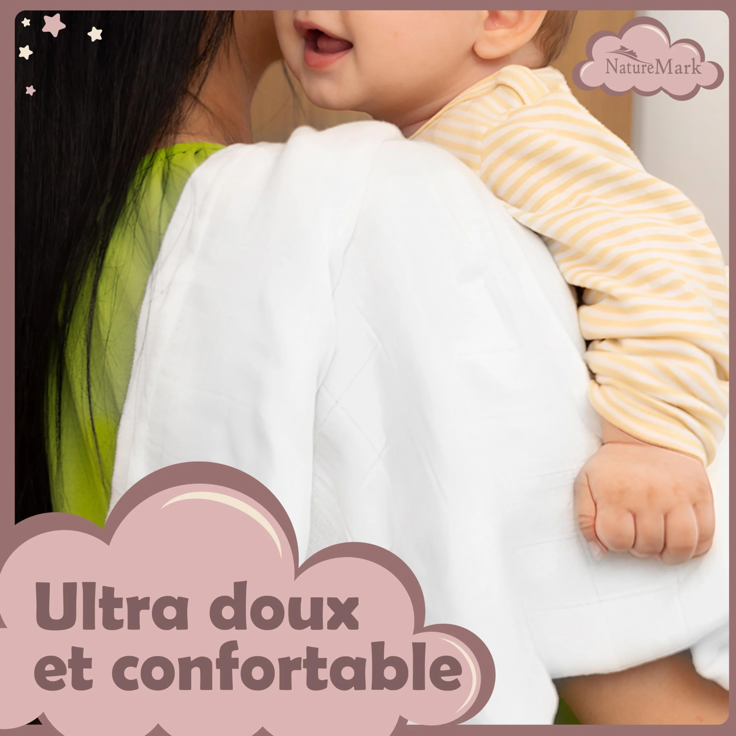 NatureMark Lot de 10 Linges en Mousseline pour Bébé 100% Coton 70x70 cm Blanc