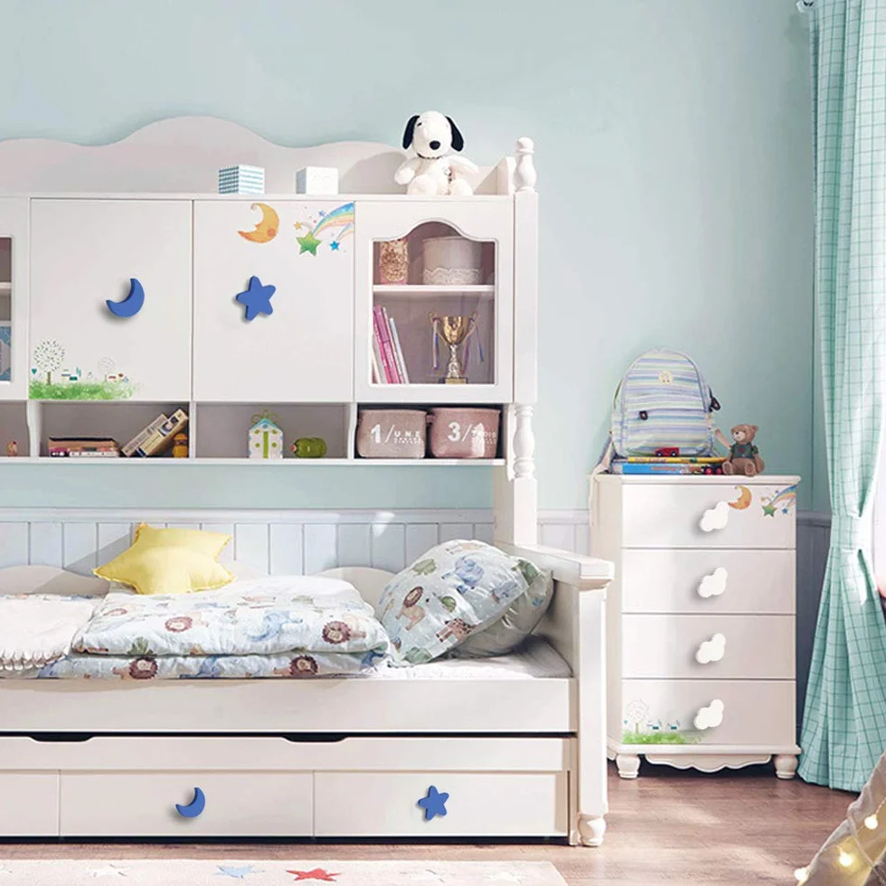 Bouton de meuble enfant 9 pièces caoutchouc souple anti-collision étoiles lune nuages bleu