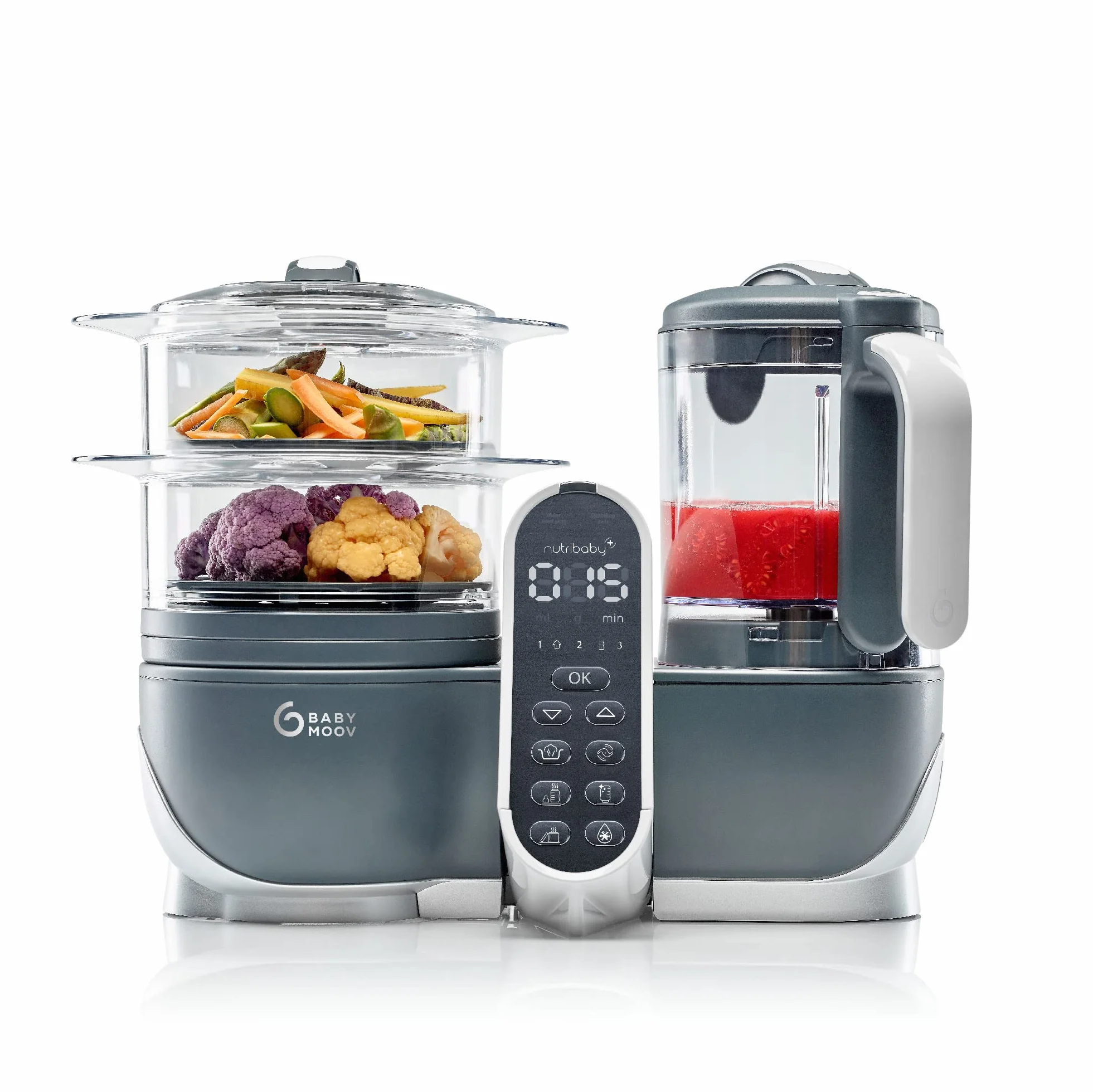 Babymoov Nutribaby+ Robot Cuiseur Bébé Multifonctions 6 en 1, Cuiseur Vapeur Mixeur, Grande Capacité 2,2L, Gris