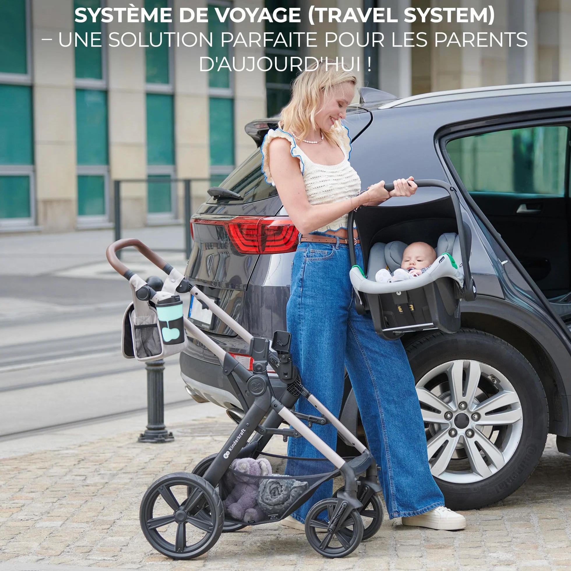 Kinderkraft MOOV 2 Poussette 3 en 1 Travel System avec nacelle 2-en-1 siège auto i-Size Gris