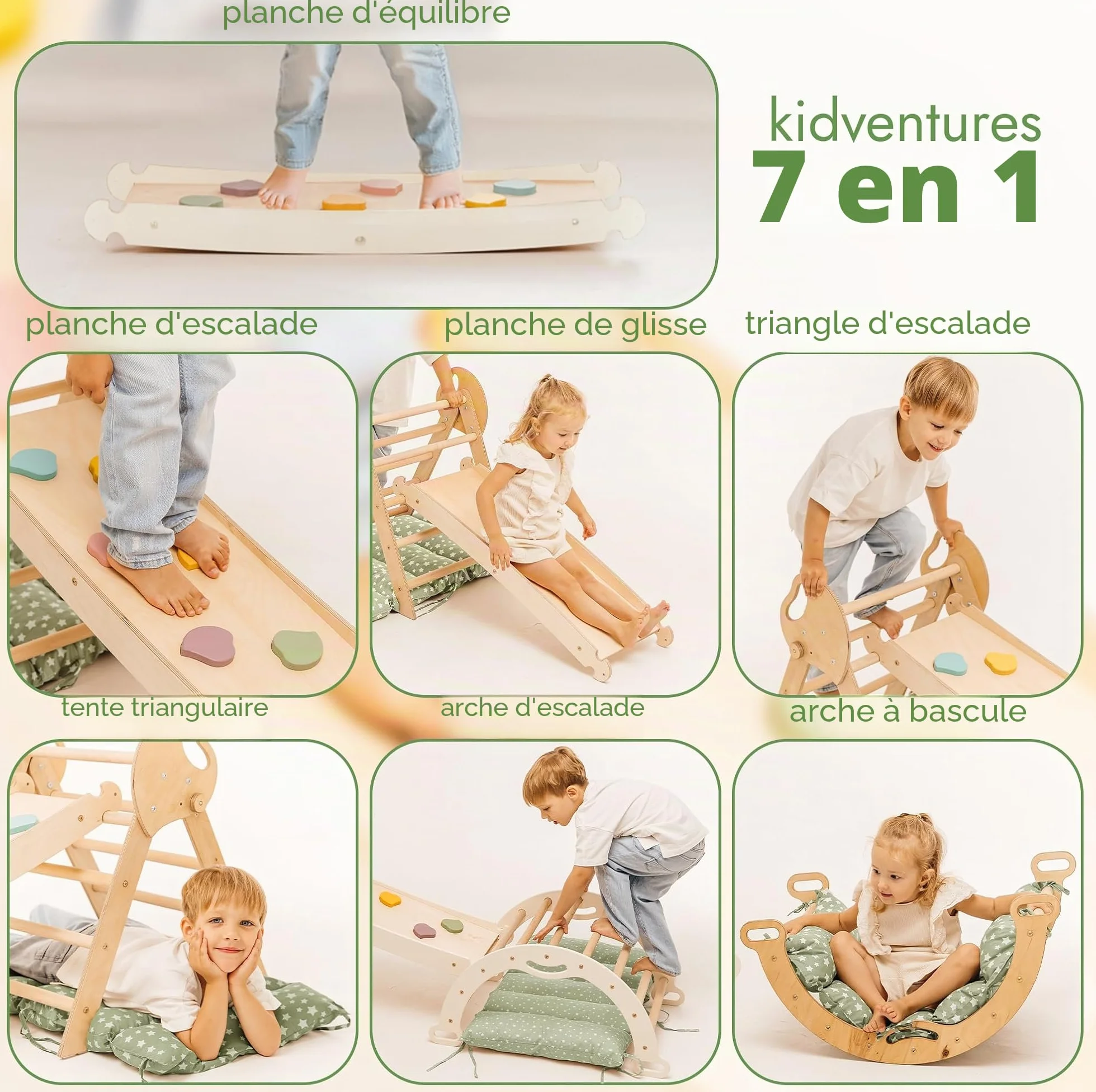 Goodevas Montessori Kit d'escalade 5 en 1 triangle d'escalade d'intérieur arche avec coussins toboggan pour enfants aire de jeux 1-3 ans
