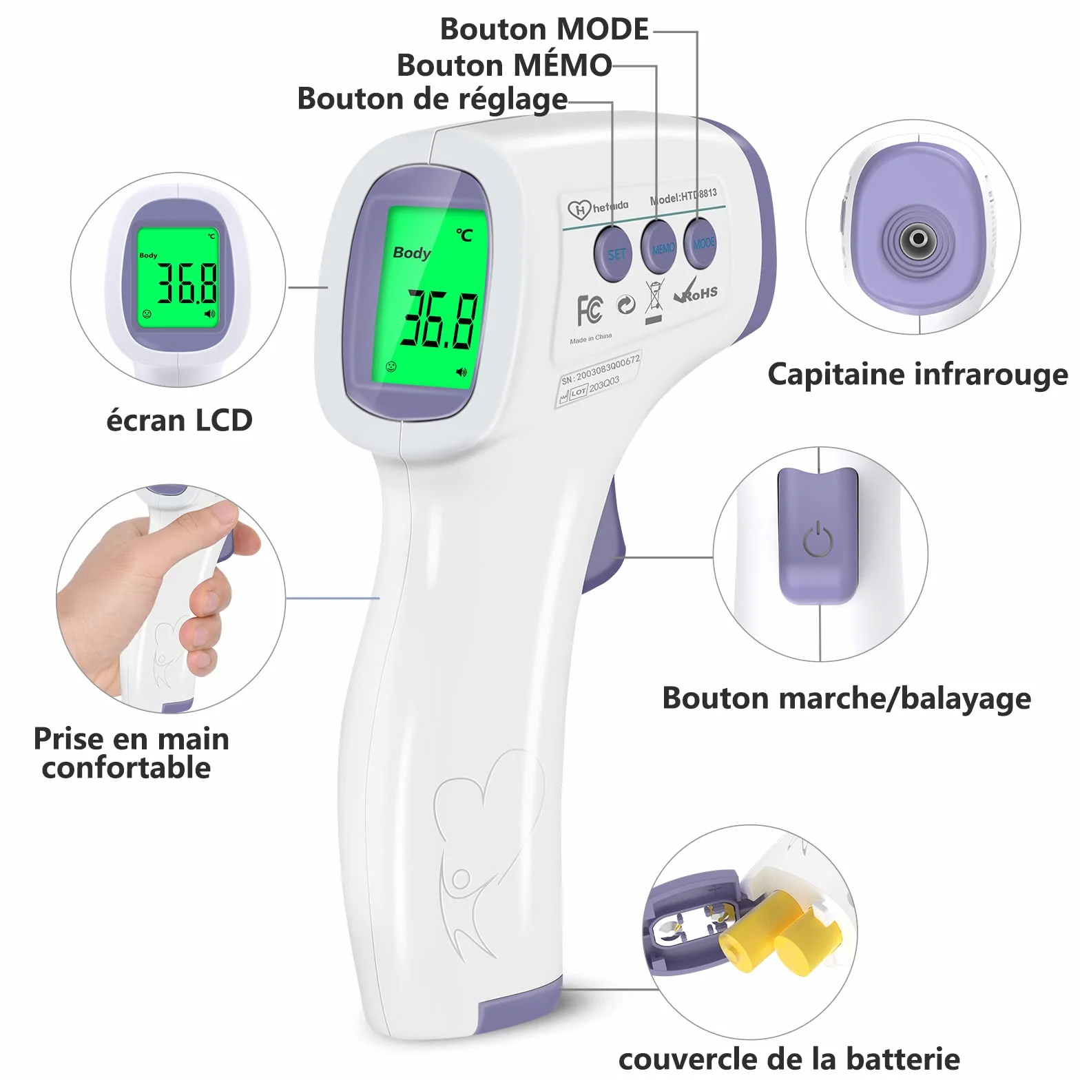 Thermomètre Frontal Infrarouge sans Contact Adulte Enfant, Écran LCD, Fonction Mémoire, Alerte Fièvre