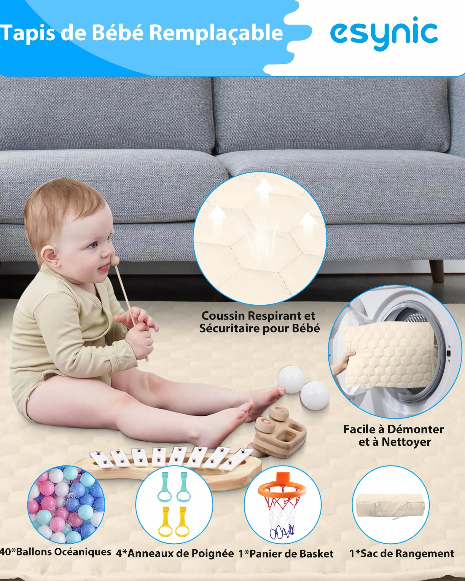 eSynic Parc Bébé Pliable 127 × 127 cm avec Tapis Sac de Rangement Balle Océanique Panier de Basket - Beige