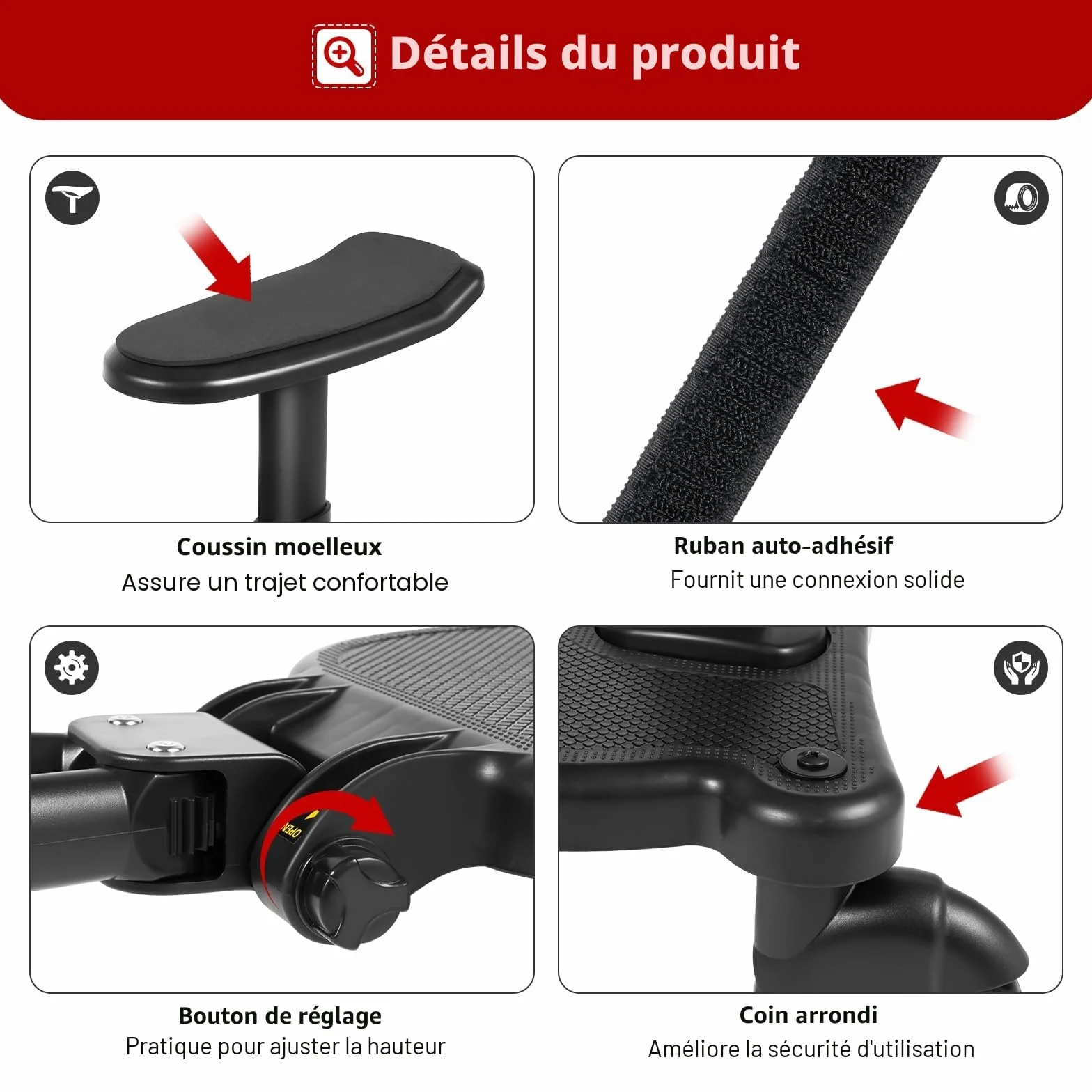 Planche Poussette Universelle avec Siège Amovible, Charge 25kg, Noir
