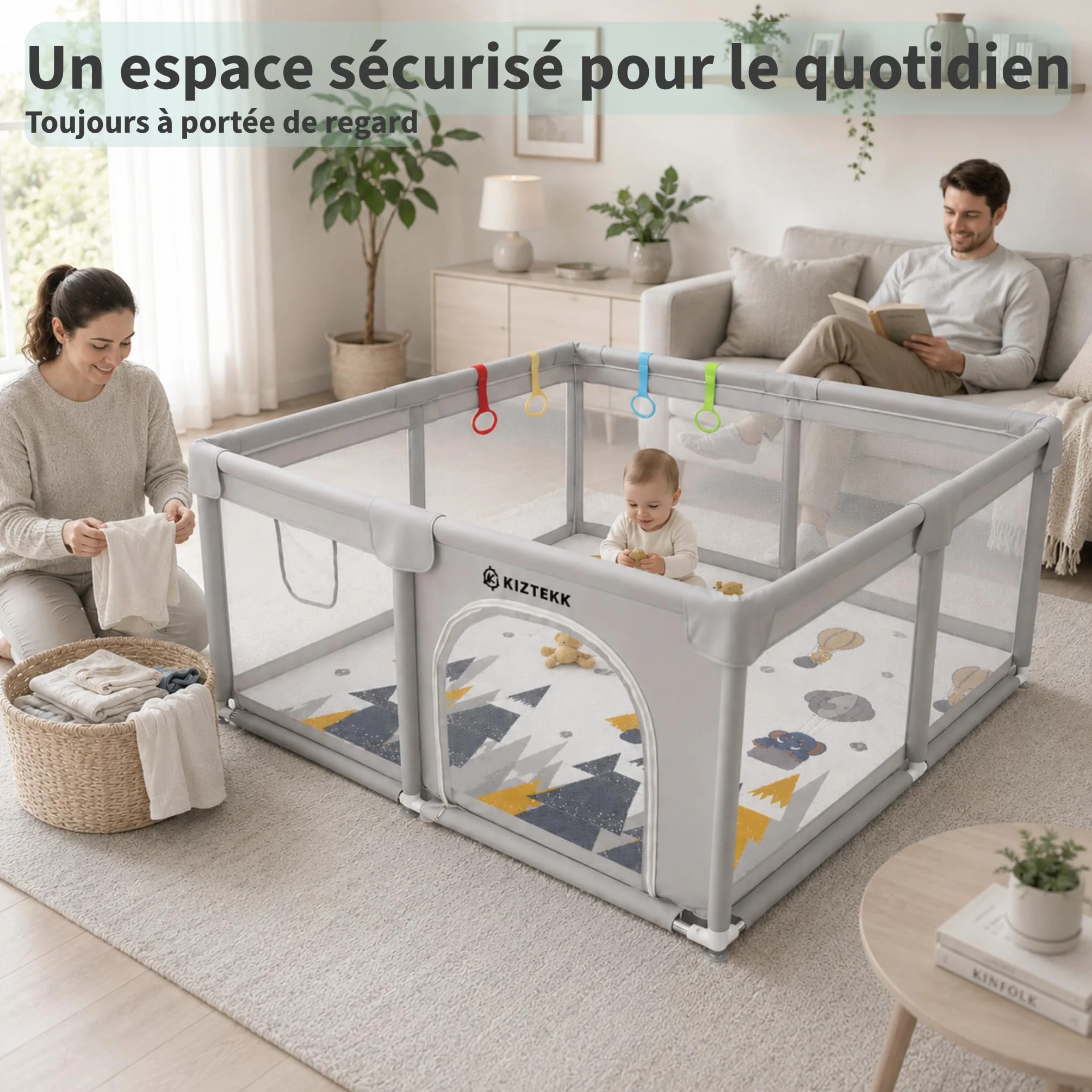 Parc Bebe 150x150 cm Pliable avec Tapis de Sol - Visibilité 360° - 2 Sacs de Rangement