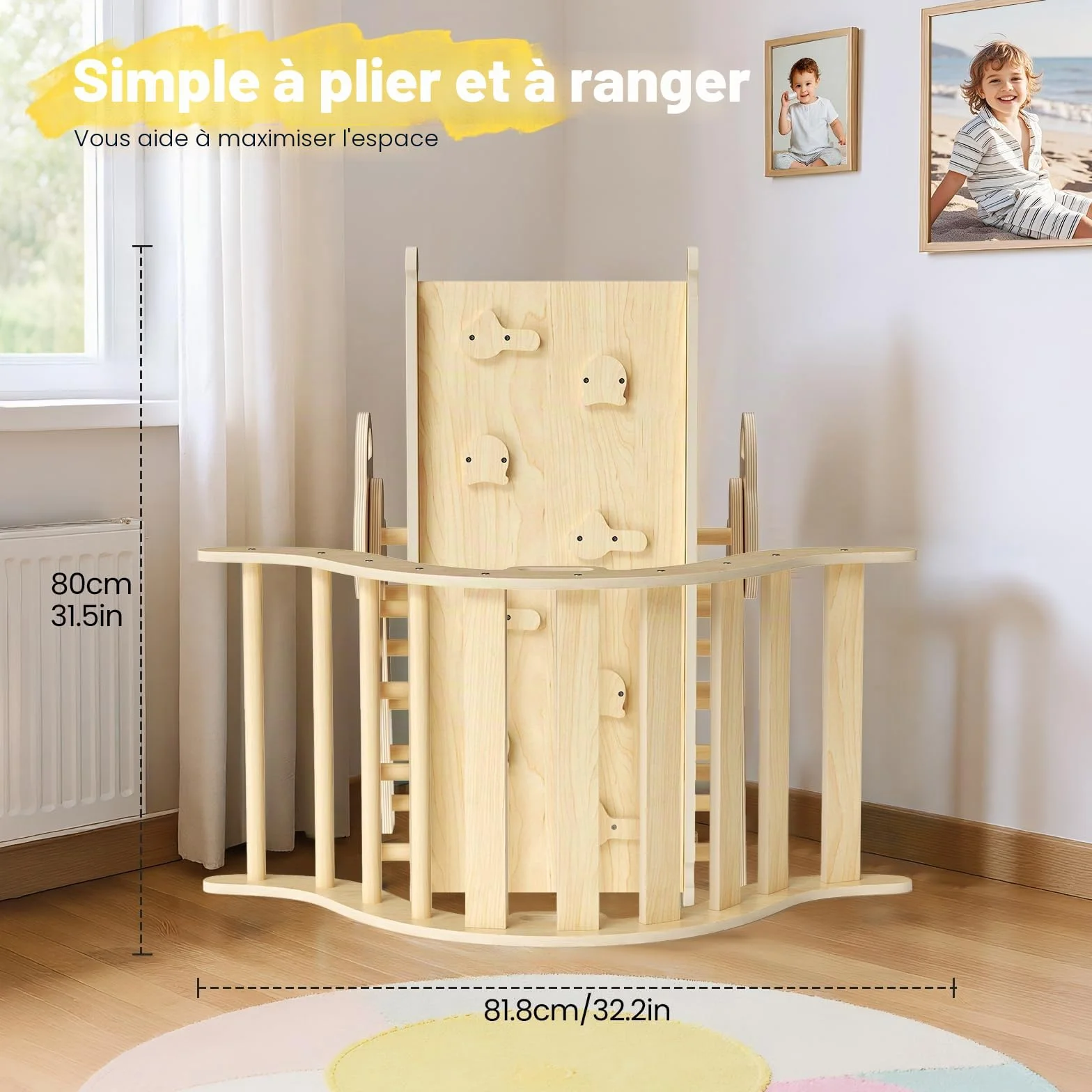 Kit de portique d'escalade Montessori 7 en 1 triangle d'escalade d'intérieur arche avec coussin et toboggan jouet en bois pour 1 à 5 ans