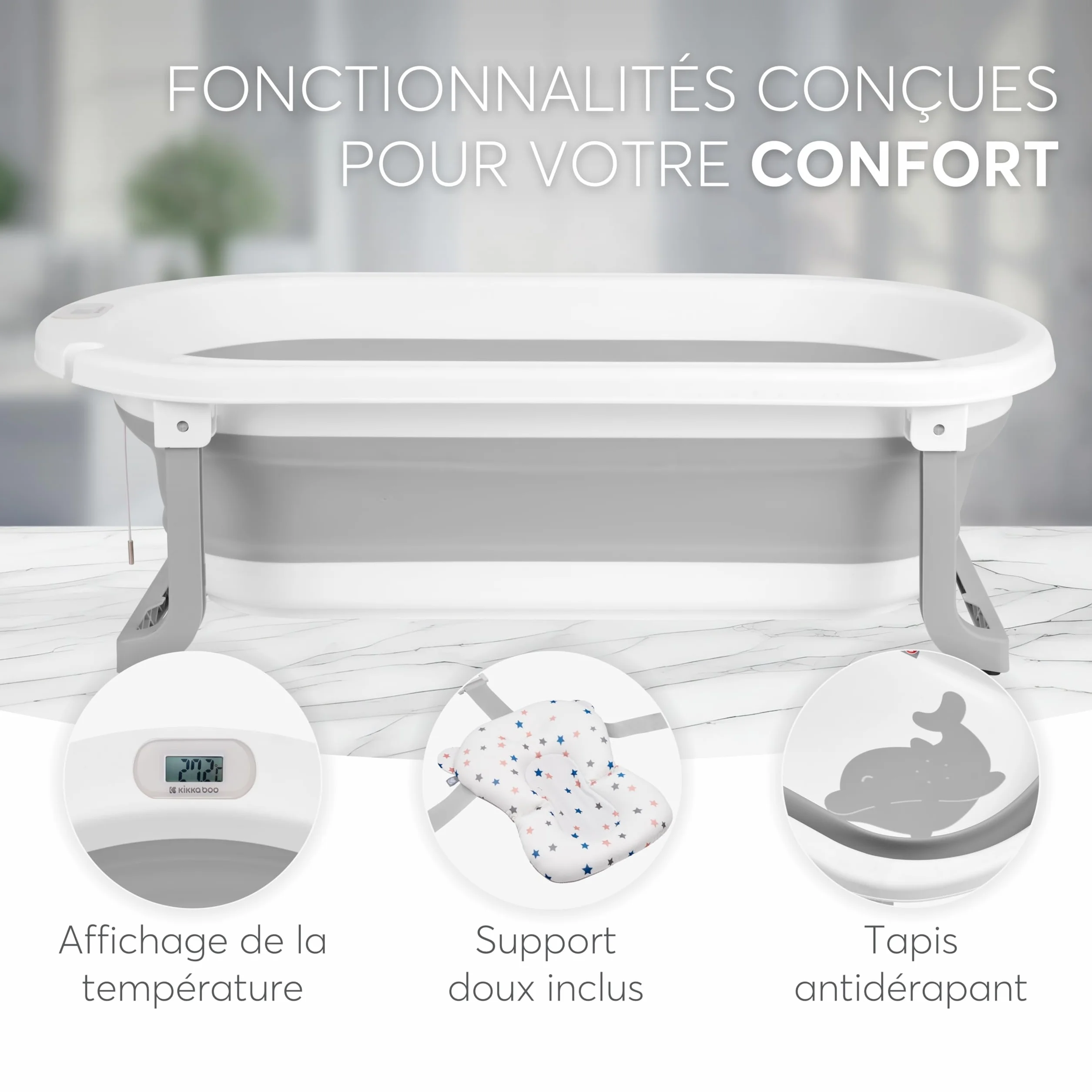 KikkaBoo Baignoire Bébé WILLY Pliable avec Thermomètre Intégré, Coussin Doux, Antidérapant, Matériau Non Toxique, Gris