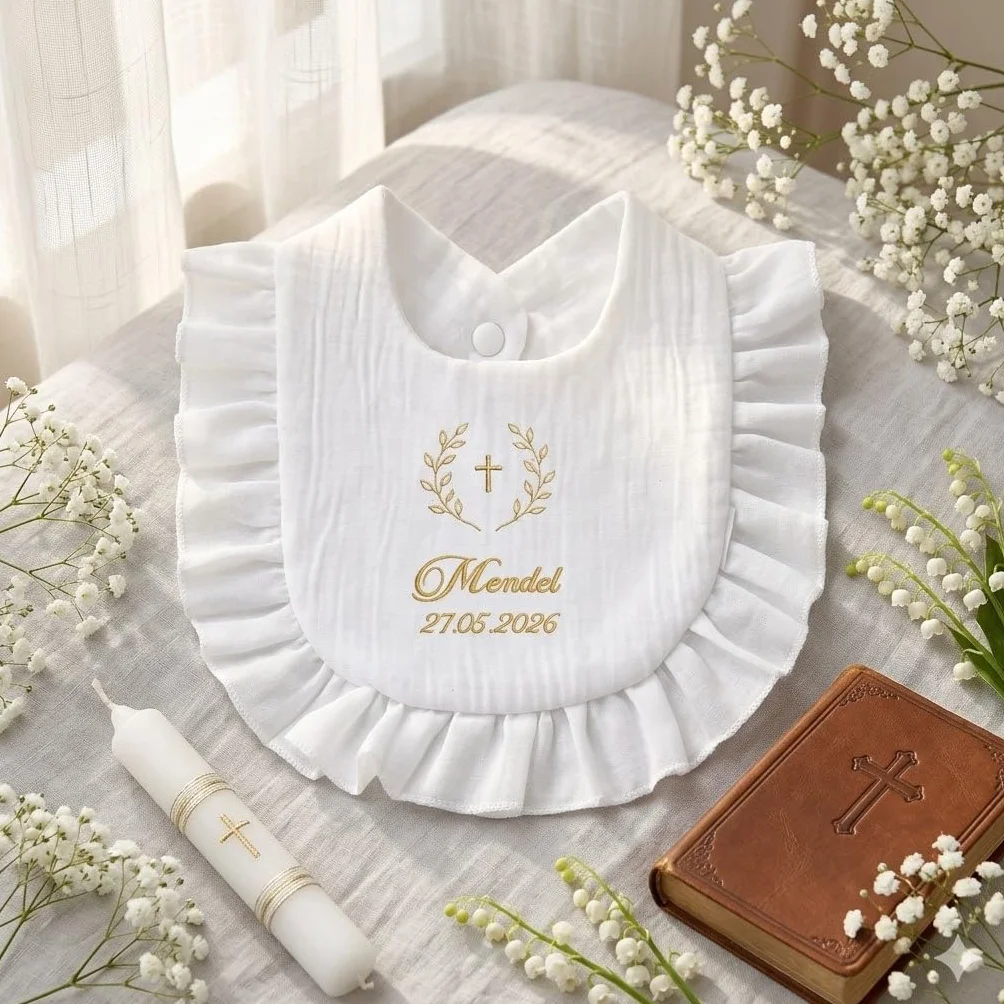 Bavoir Baptême Personnalisé Bébé 100% Coton Doux Broderie Prénom Date Cadeau Coffret