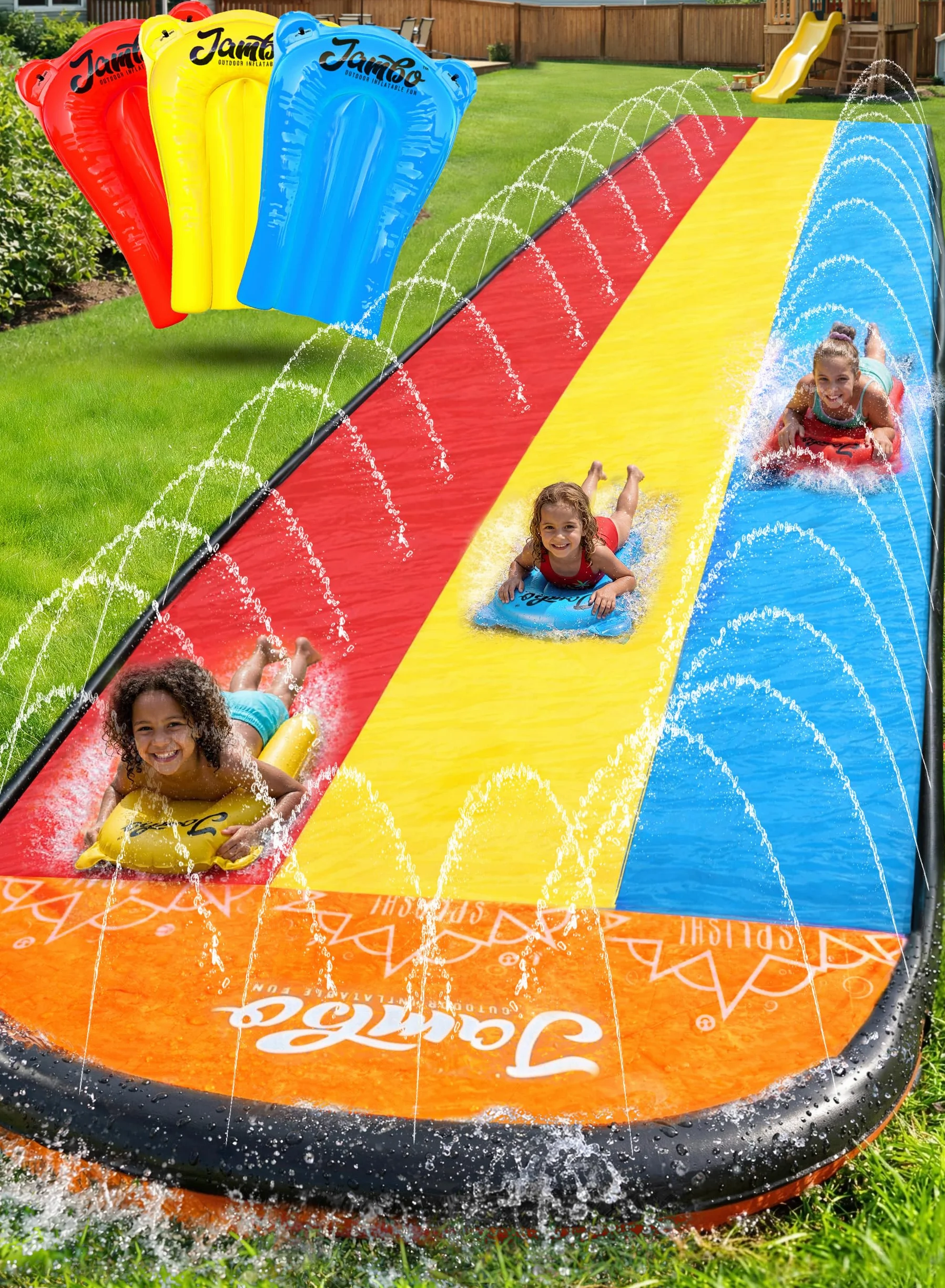 JAMBO Ventriglisse Toboggan Aquatique 610 cm Tapis de Glisse Eau Enfant Triple Piste avec 3 Bodyboards