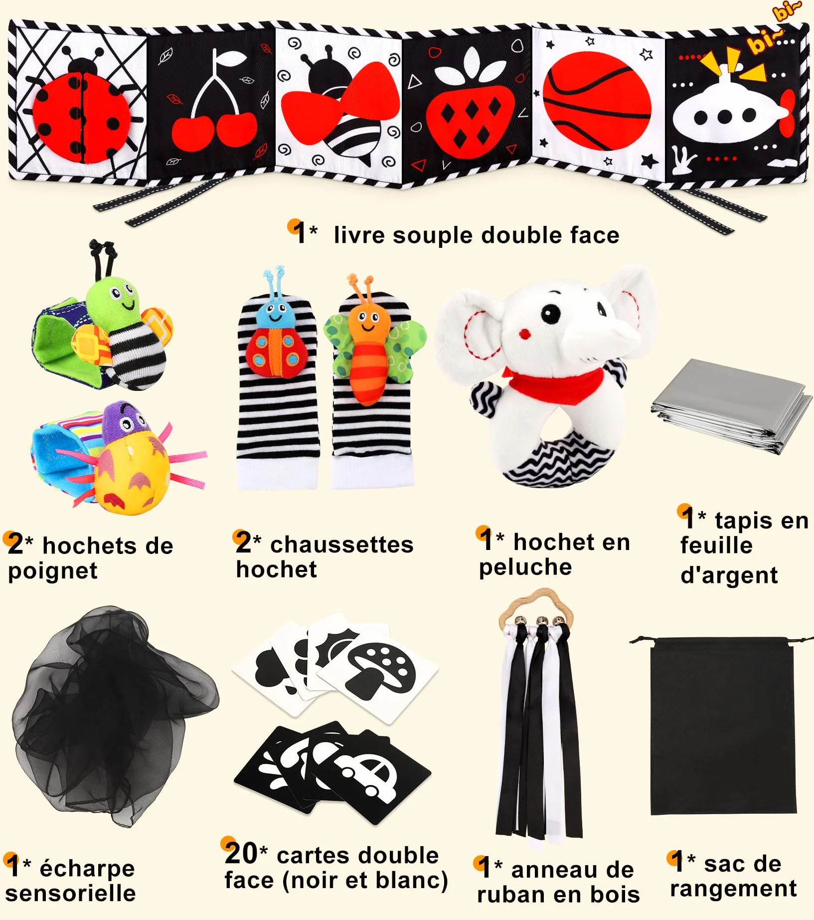 Livre Tissu Bébé Noir et Blanc 31 PCS 0-12 Mois Jouet Hochet Montessori Haute Contraste