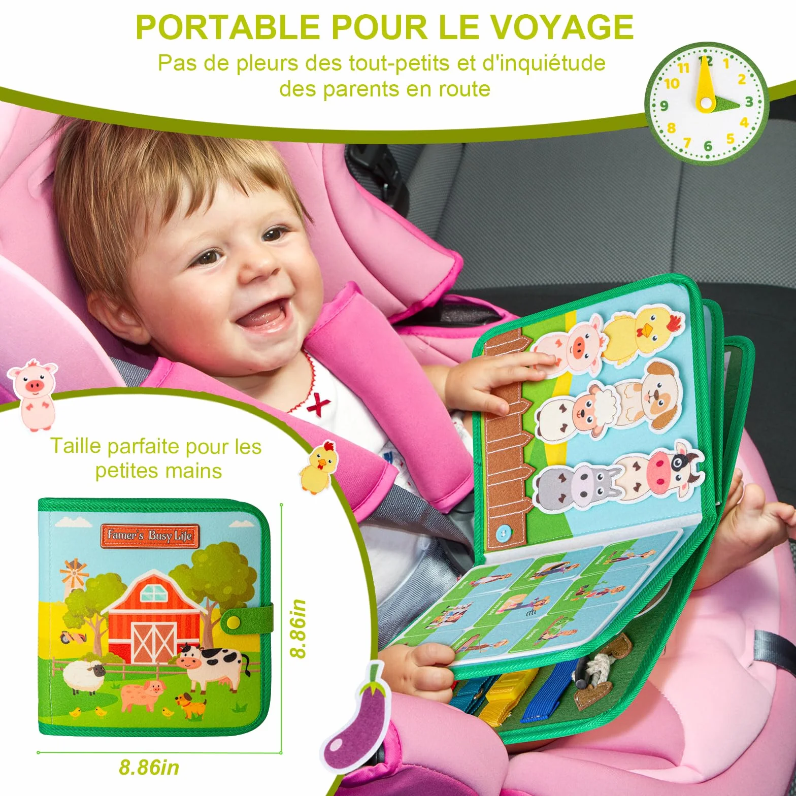 Quanquer Busy Board Française - Livre Occupé de Ferme Montessori pour 1 2 3 Ans Enfants - Planche d'Activités Jouet Éducatif Sensoriel Préscolaire - Jouets de Voyage pour Tout-Petits