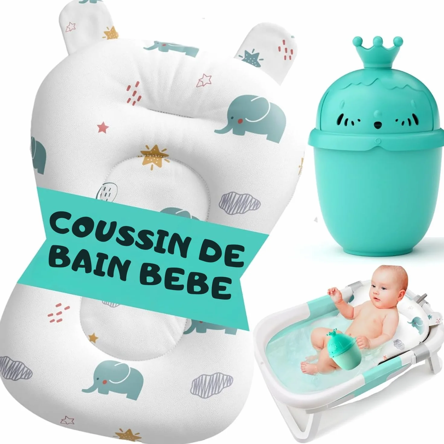 Coussin de Bain Bébé Universel avec Pichet - Réducteur Baignoire Antidérapant Matelas Doux (Blanc)