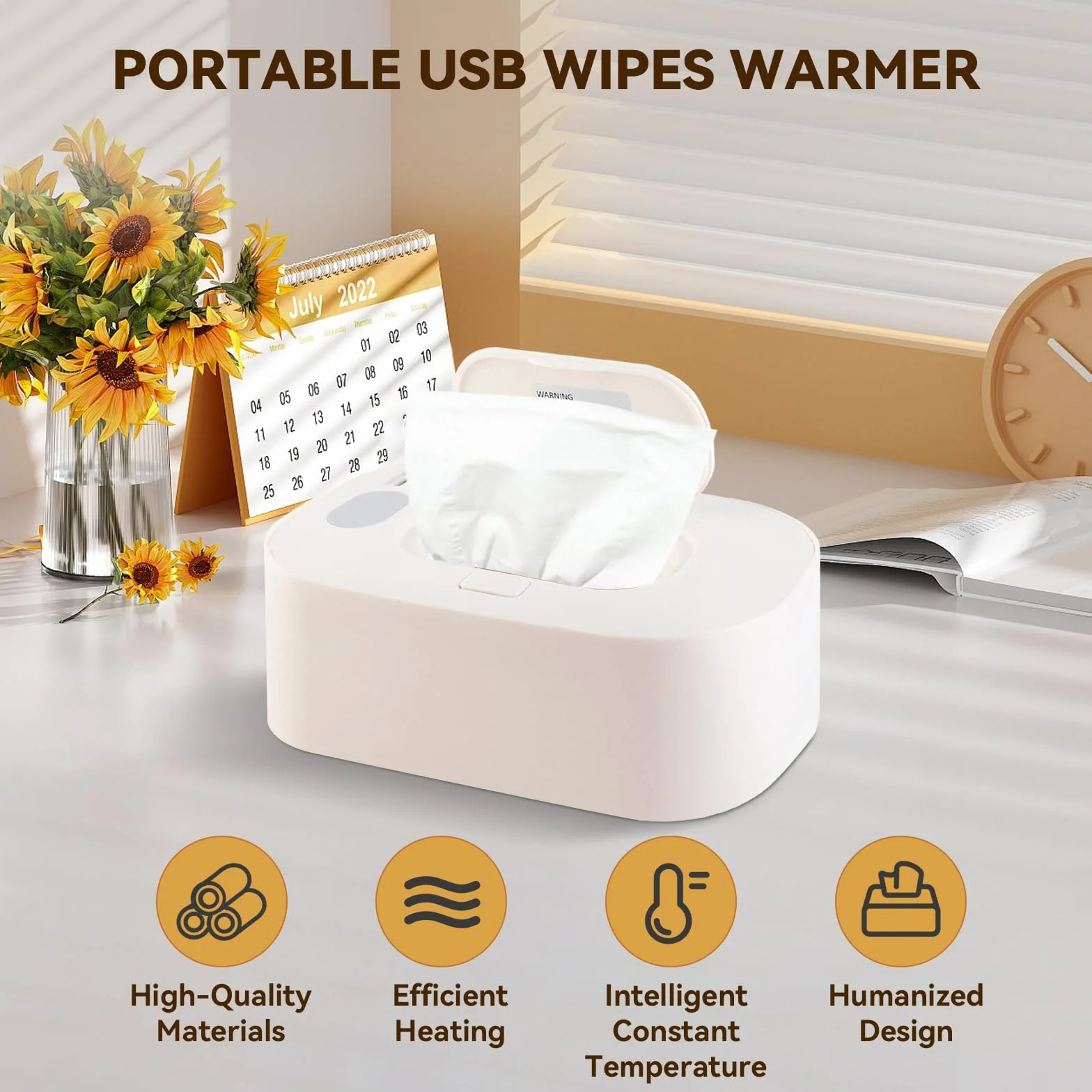 Chauffe-lingettes pour Bébés Réglable 40-60°C 3 Modes Température USB Portable Blanc