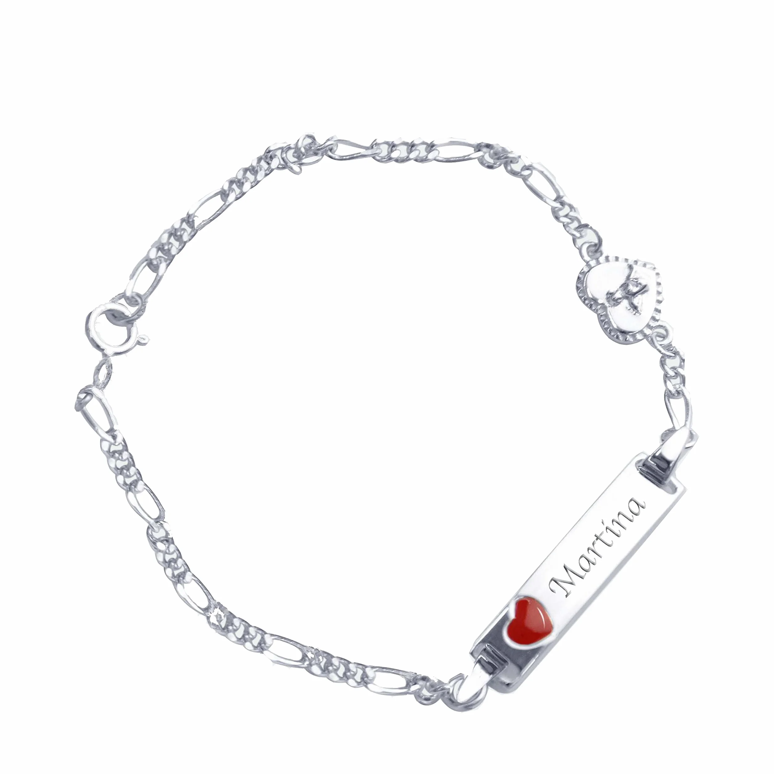 Bracelet gravé nom bébé enfant argent 925 cœur rouge ange 16 cm boîte cadeau