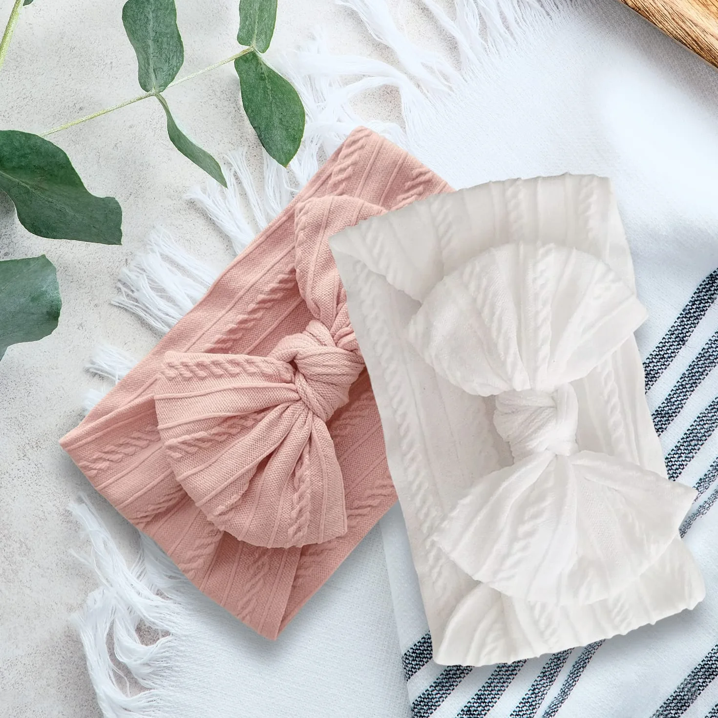 Bandeau Turban Bébé Fille Nylon Élastique Souple Rose Blanc 2 Pièces