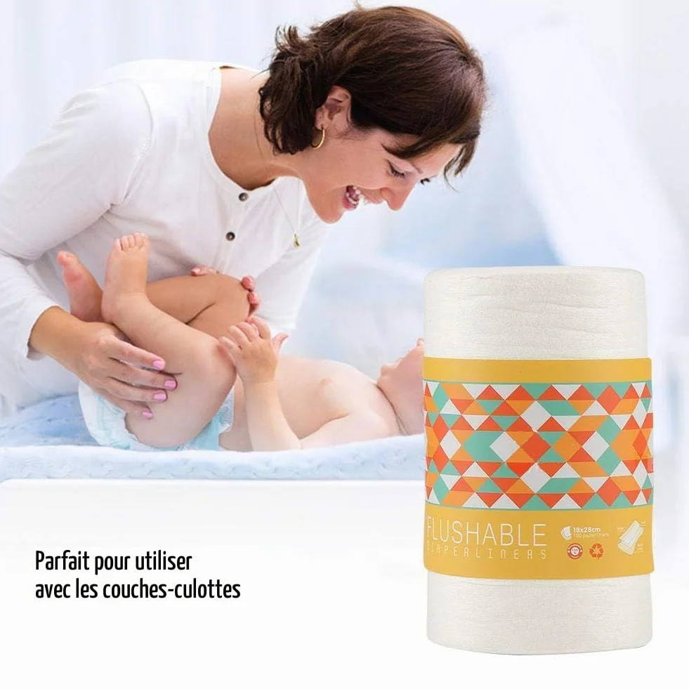 Doublures de Couches 100 Feuilles Non Parfumées en Bambou Naturel Bio-dégradables pour Bébé