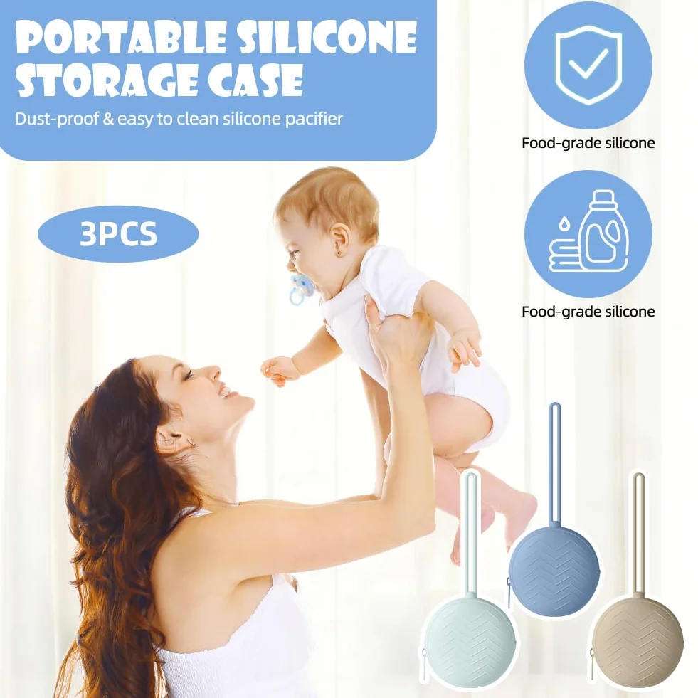 Boite a Sucette Bebe 3pcs Silicone Rangement Portable Impermeable sans BPA Voyage Gris fume Kaki Bleu