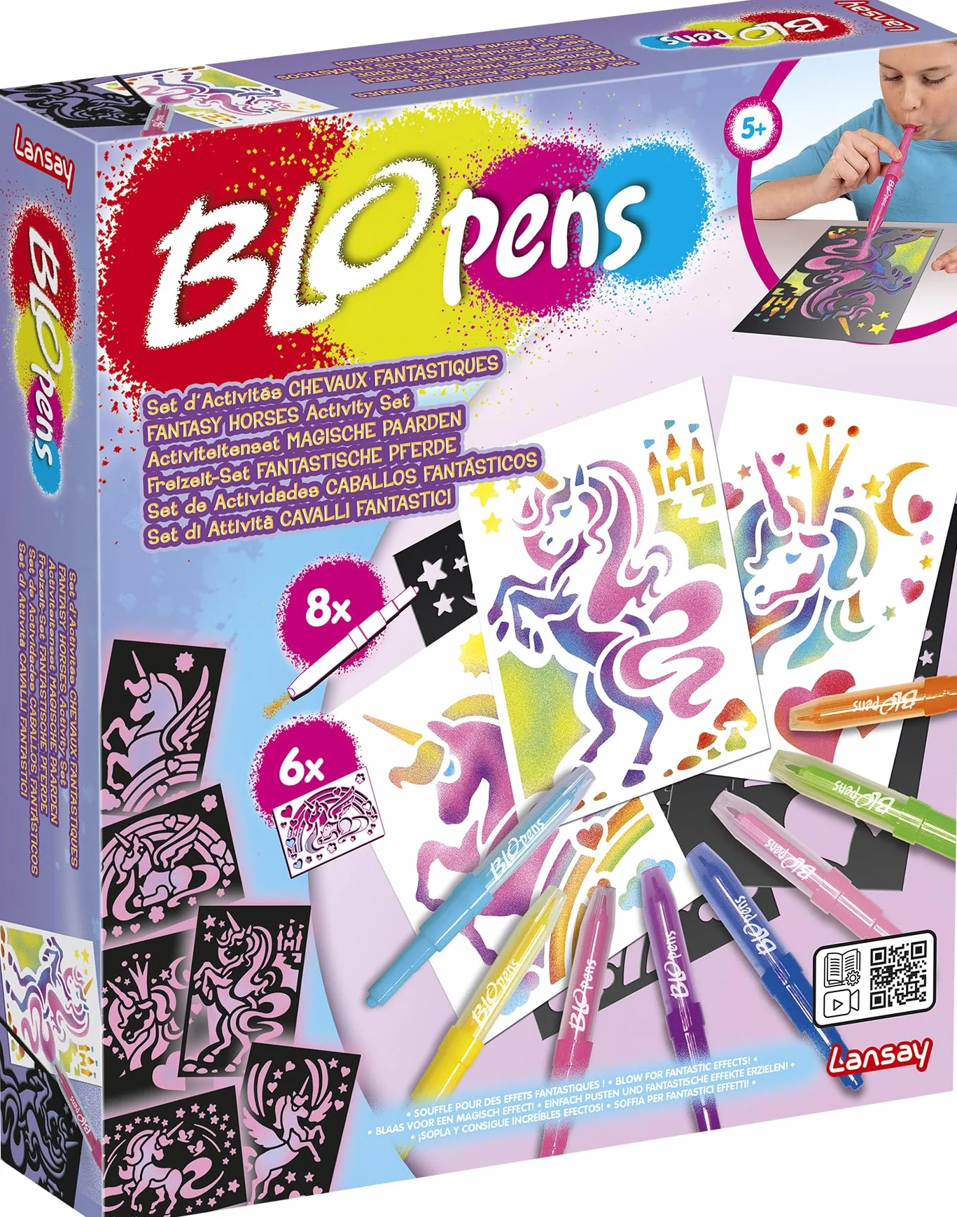 Lansay BLOPENS Set d'Activités Chevaux Fantastiques 8 Feutres de Coloriage À Souffler 6 Pochoirs Réutilisables Feuilles Kit Dessins Licornes Enfants dès 5 Ans