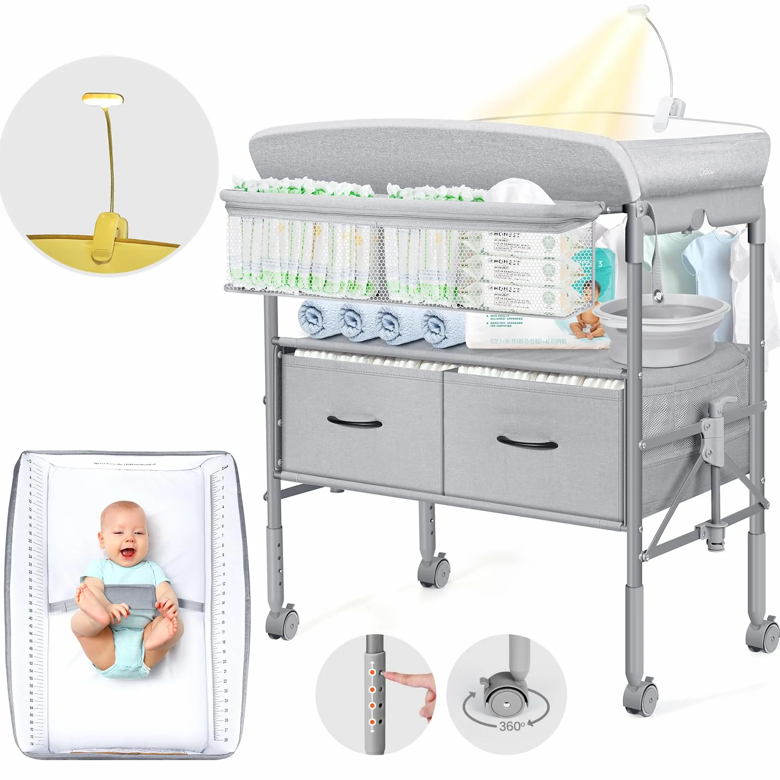 Table à Langer Bébé Pliable avec Tiroir et Veilleuse, Hauteur Réglable, Gris