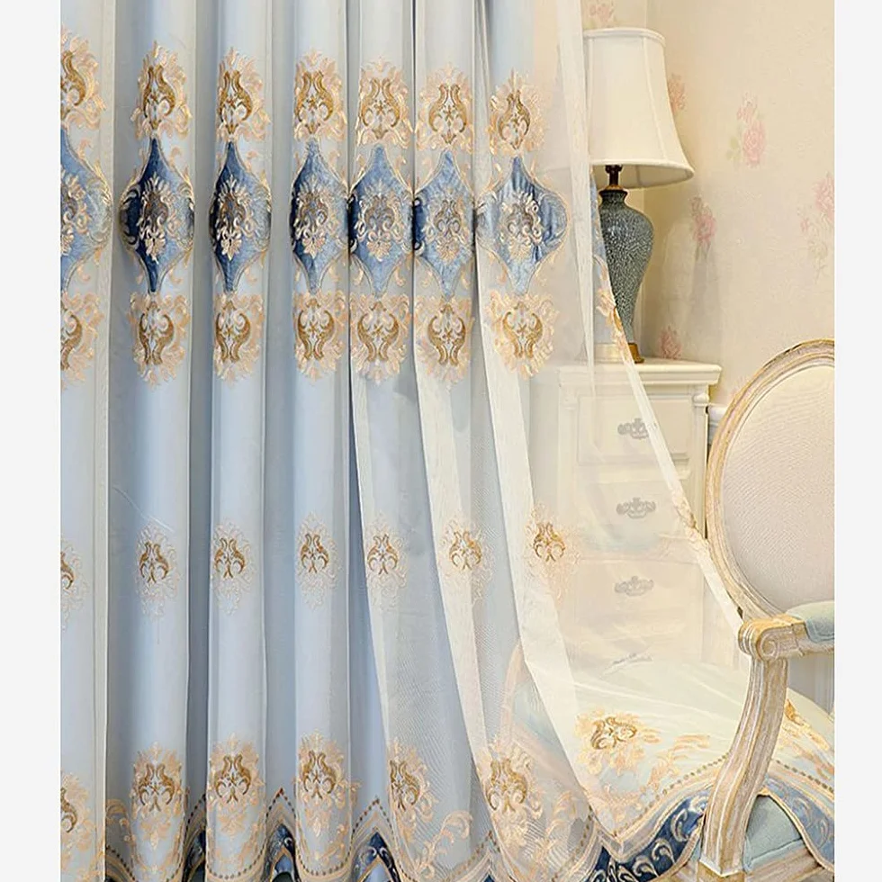 Rideaux occultants double couche dentelle brodés 167x213 cm bleu