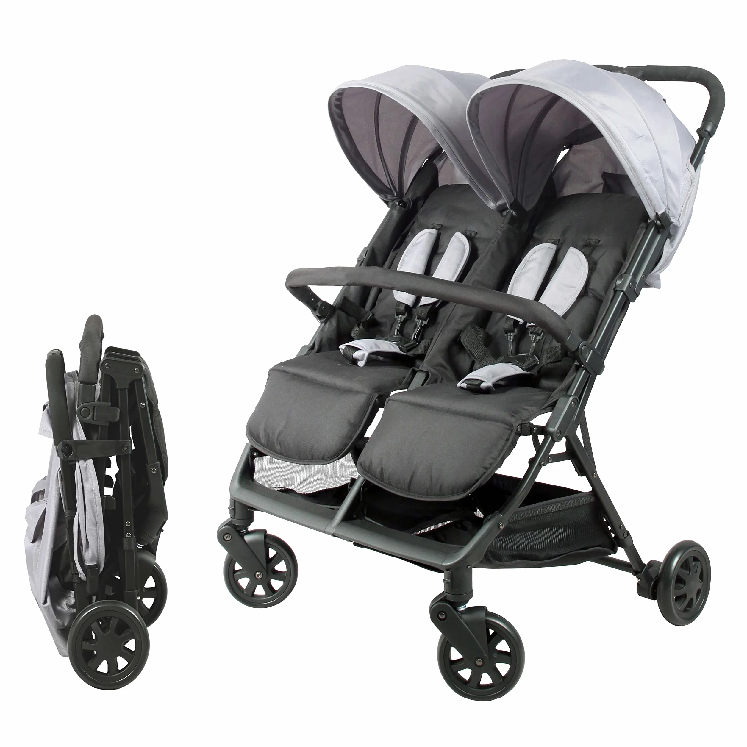 BAMBISOL Poussette Double Côte à Côte pour Jumeaux dès la Naissance Pliage Ultra-Compact Noir Gris DS209