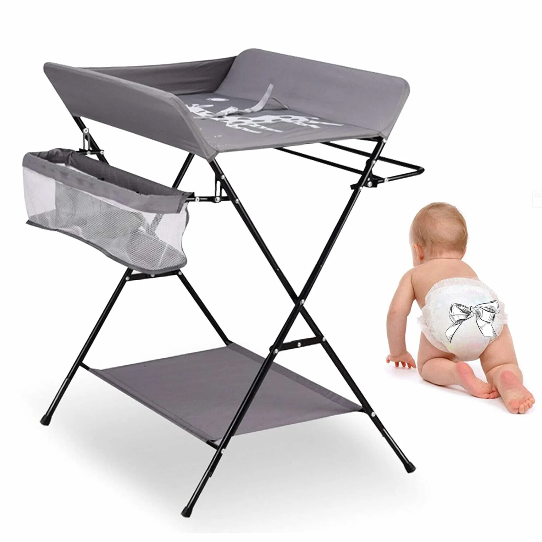 Table à Langer Pliante avec Panier de Rangement, Structure en Fer, Charge Max 25kg, 80x66x98cm, Gris
