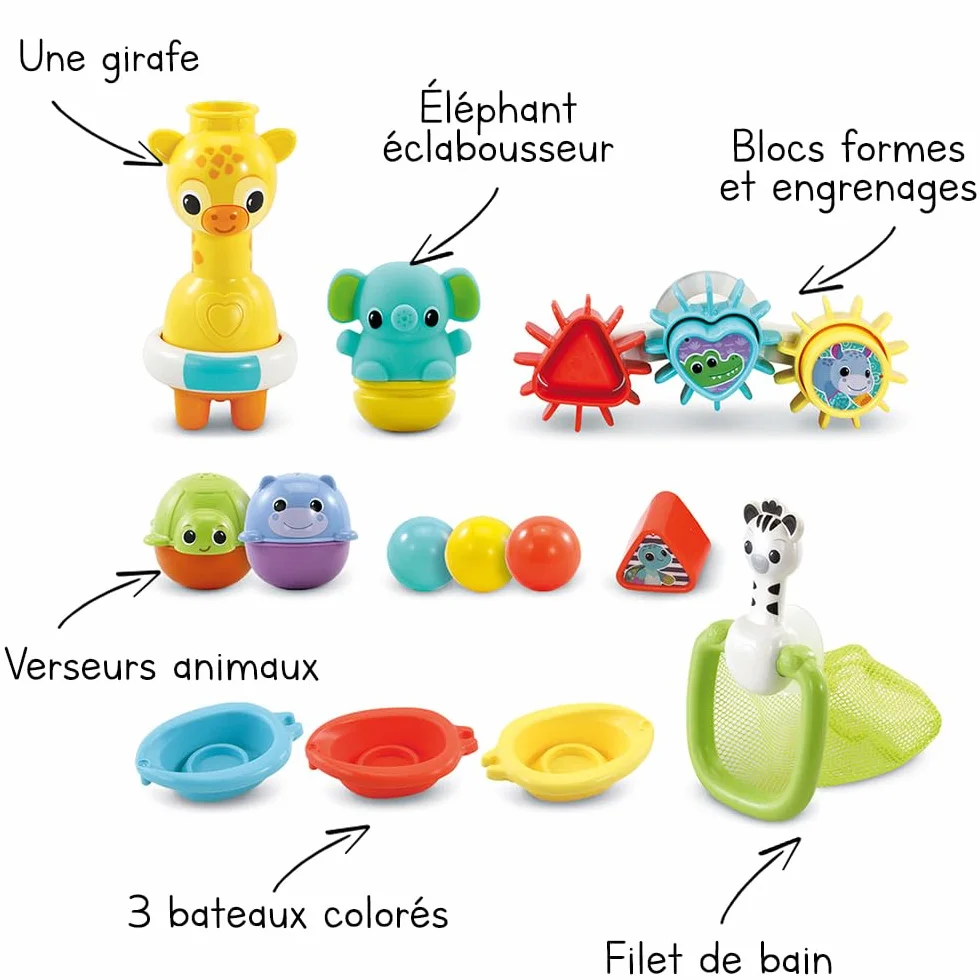 VTech Maxi-Coffret de Bain Multi Activité 15 Jouets de Bain Bébé Animaux Bateaux 3 Formes 3 Balles Filet de Rangement Cadeau Enfant 1 an