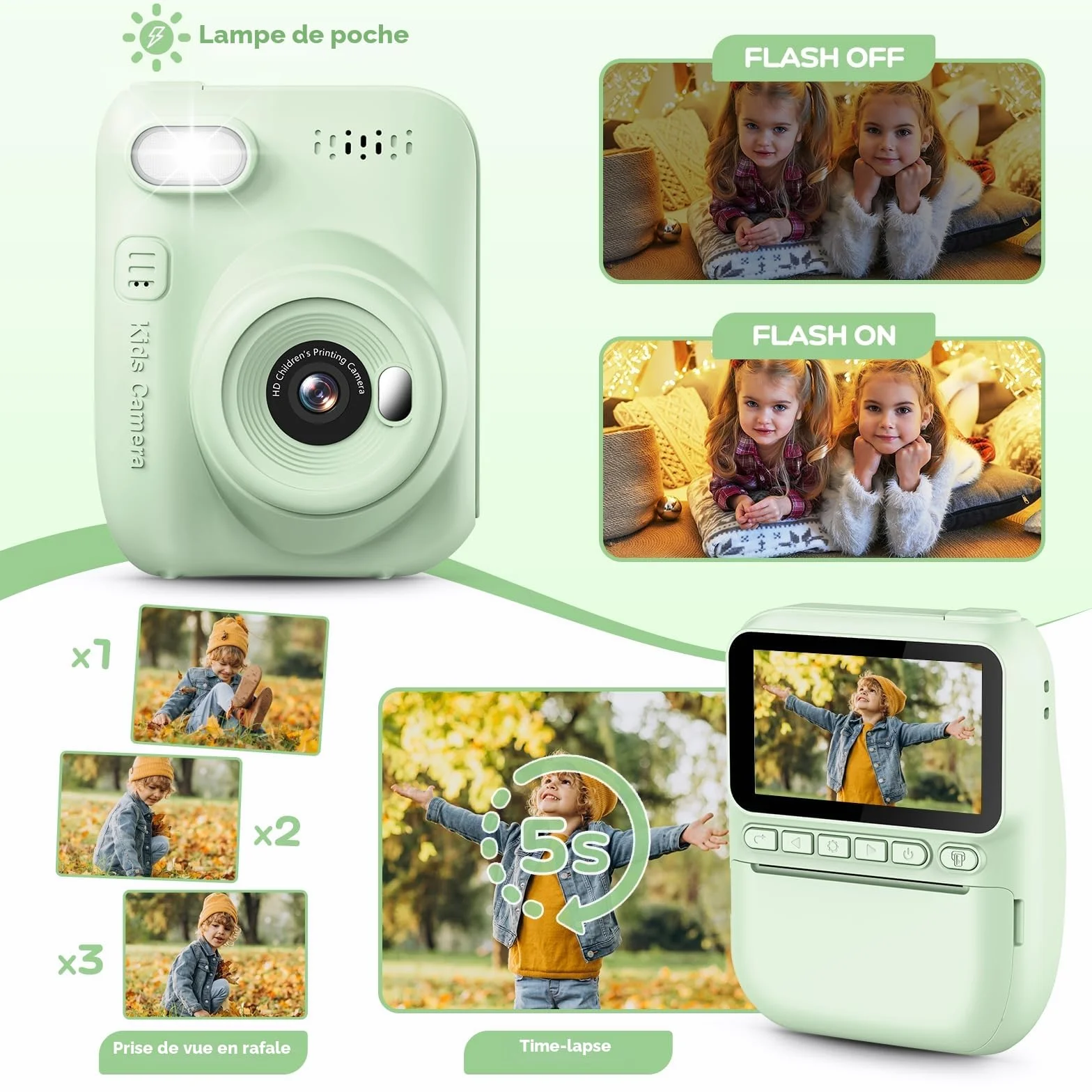 GREENKINDER Appareil Photo Instantané Enfant 3.0" Grand Écran 14 MP avec Carte 32 Go & Papier d'impression