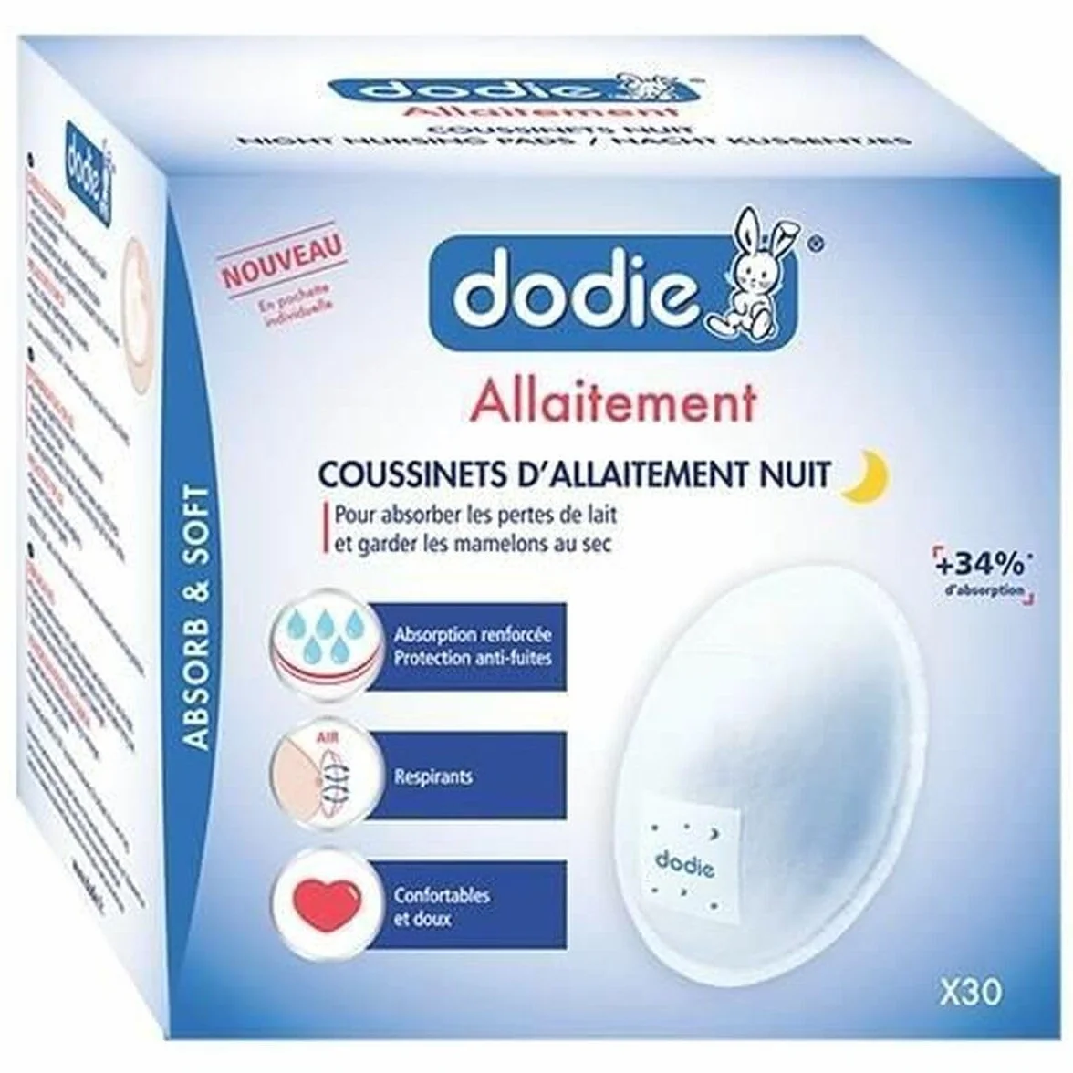 Dodie Coussinets d'allaitement Nuit Pochette Individuelle Blanc 30 Pièces