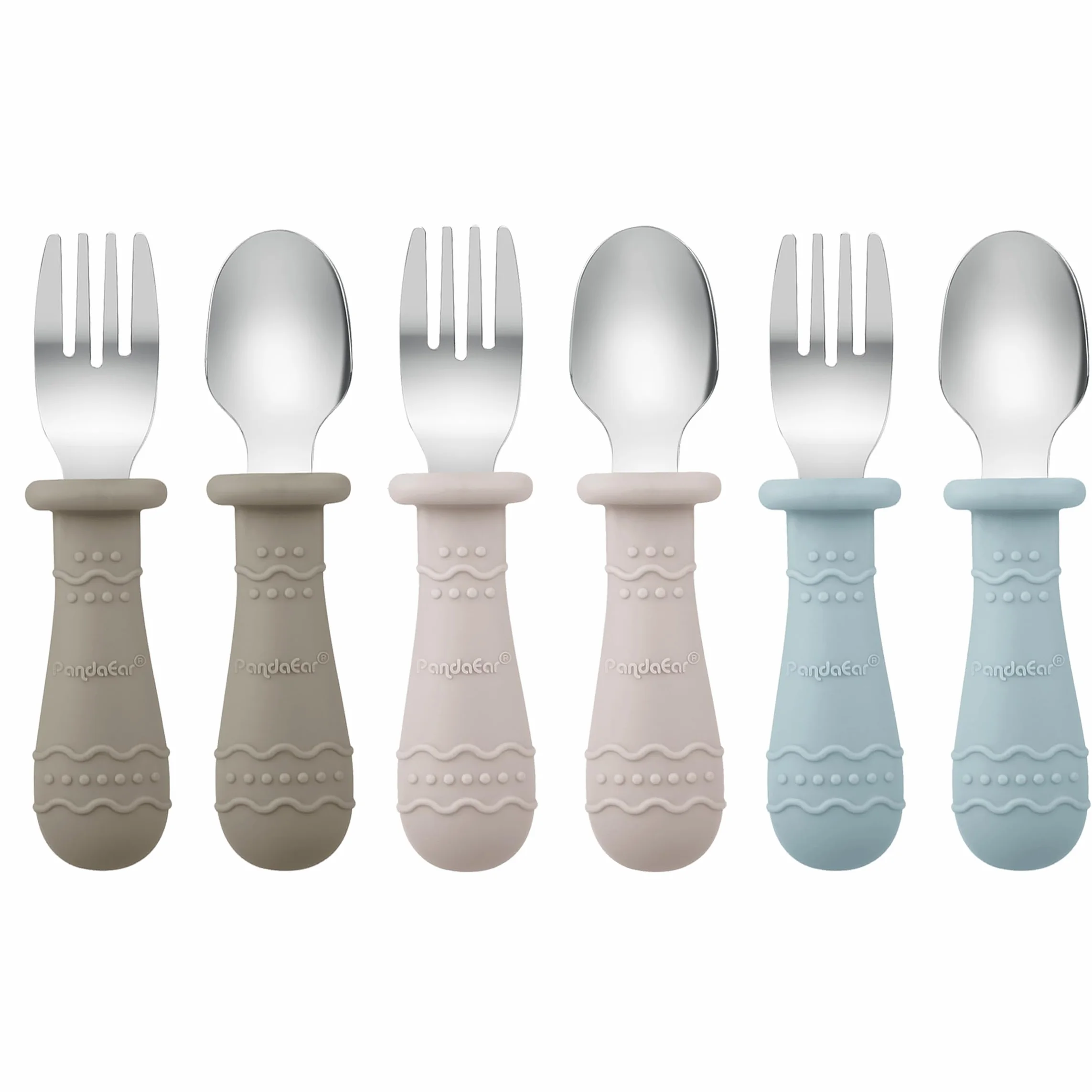PandaEar Ensemble de Couverts Bébé Acier Inoxydable 18/8 Silicone Alimentaire Lot 6 Cuillères Fourchettes Enfants
