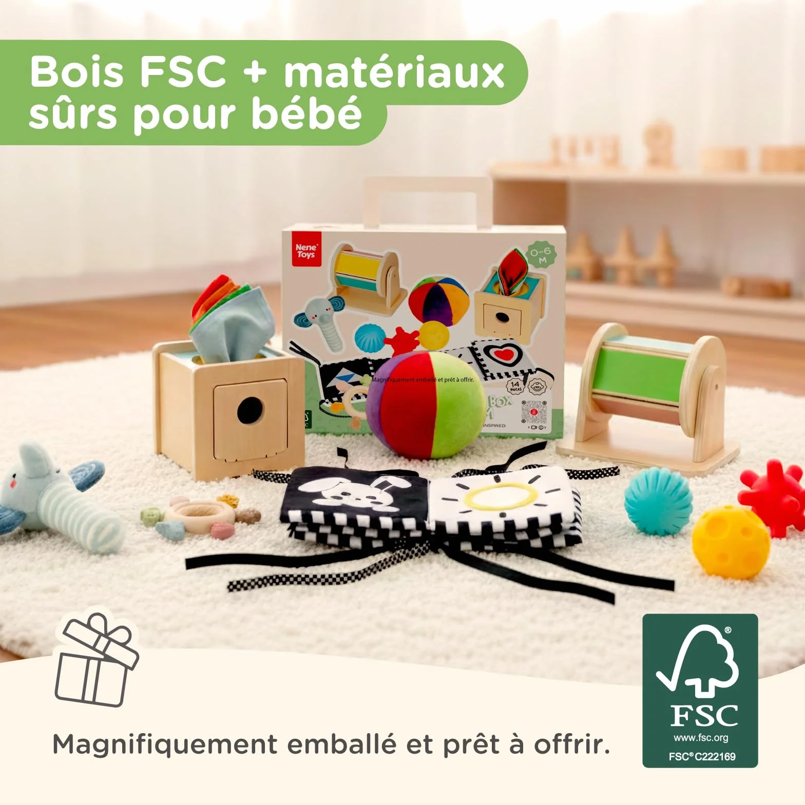 Nene Toys Jouet Montessori Bébé 0–6 Mois – Coffret Sensoriel 7-en-1 en Bois avec Livre Noir & Blanc, Boîte à Mouchoirs, Tambour Rotatif, Balles, Anneau de Dentition & Hochet – Cadeau Naissance