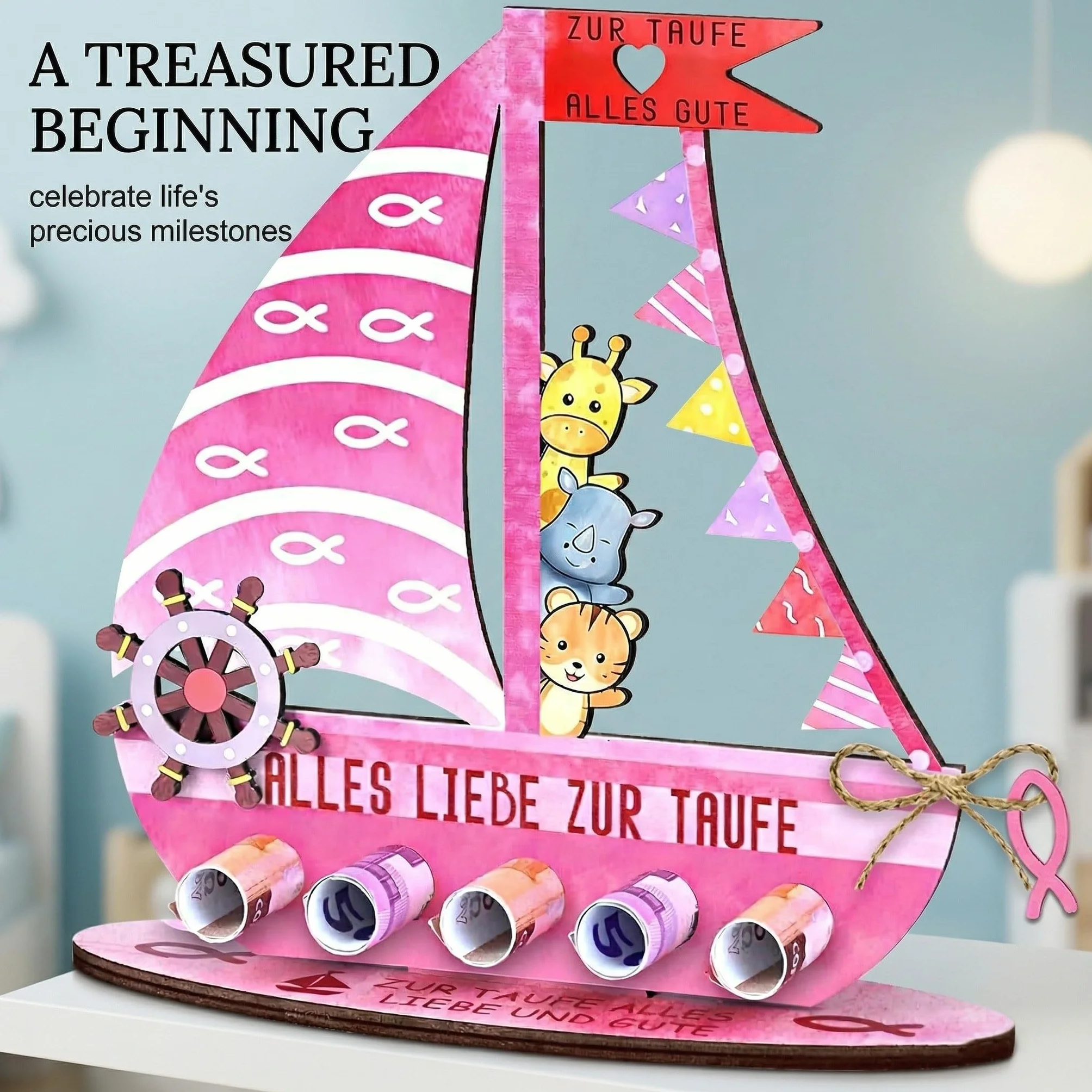 Cadeau Baptême Fille en Bois, Arche de Noé Rose, Souvenir Communion Anniversaire Baby Shower