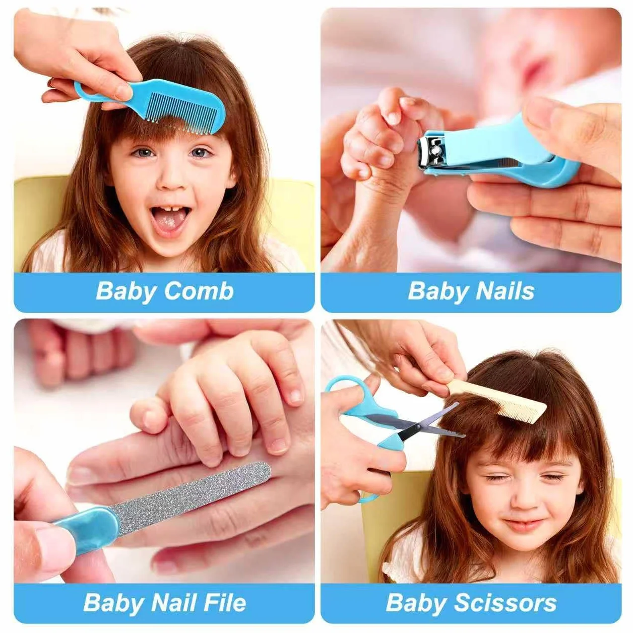 Trousse de Soin Bébé Naissance 13 en 1 – Kit Complet Nouveau-Né avec Brosse, Peigne, Coupe-Ongles, Thermomètre Digital, Ciseaux (Bleu)