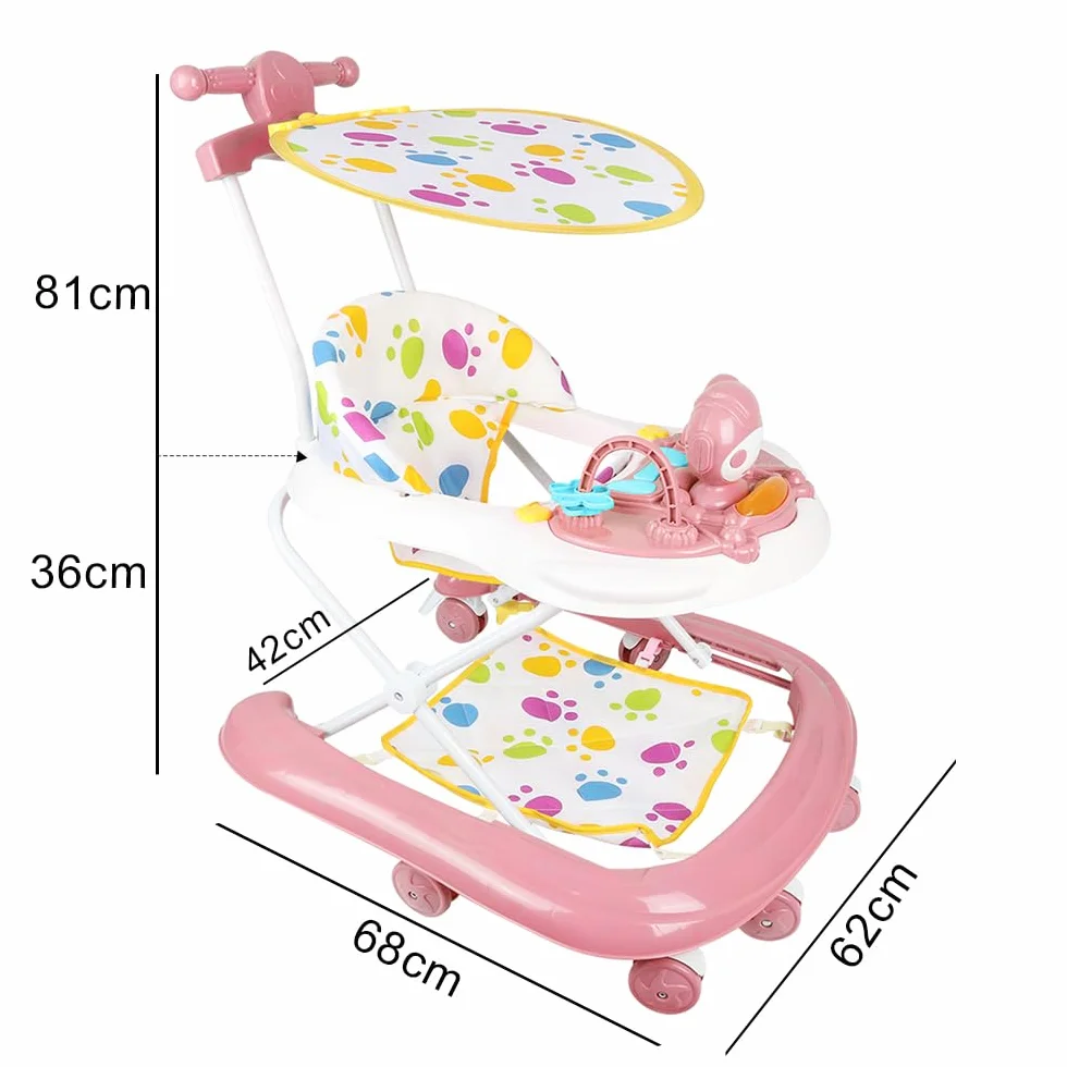 Trotteur Bébé 2en1 Hauteur Réglable avec Musique, 8 Roues, Auvent, 62x68x36-81cm Rose