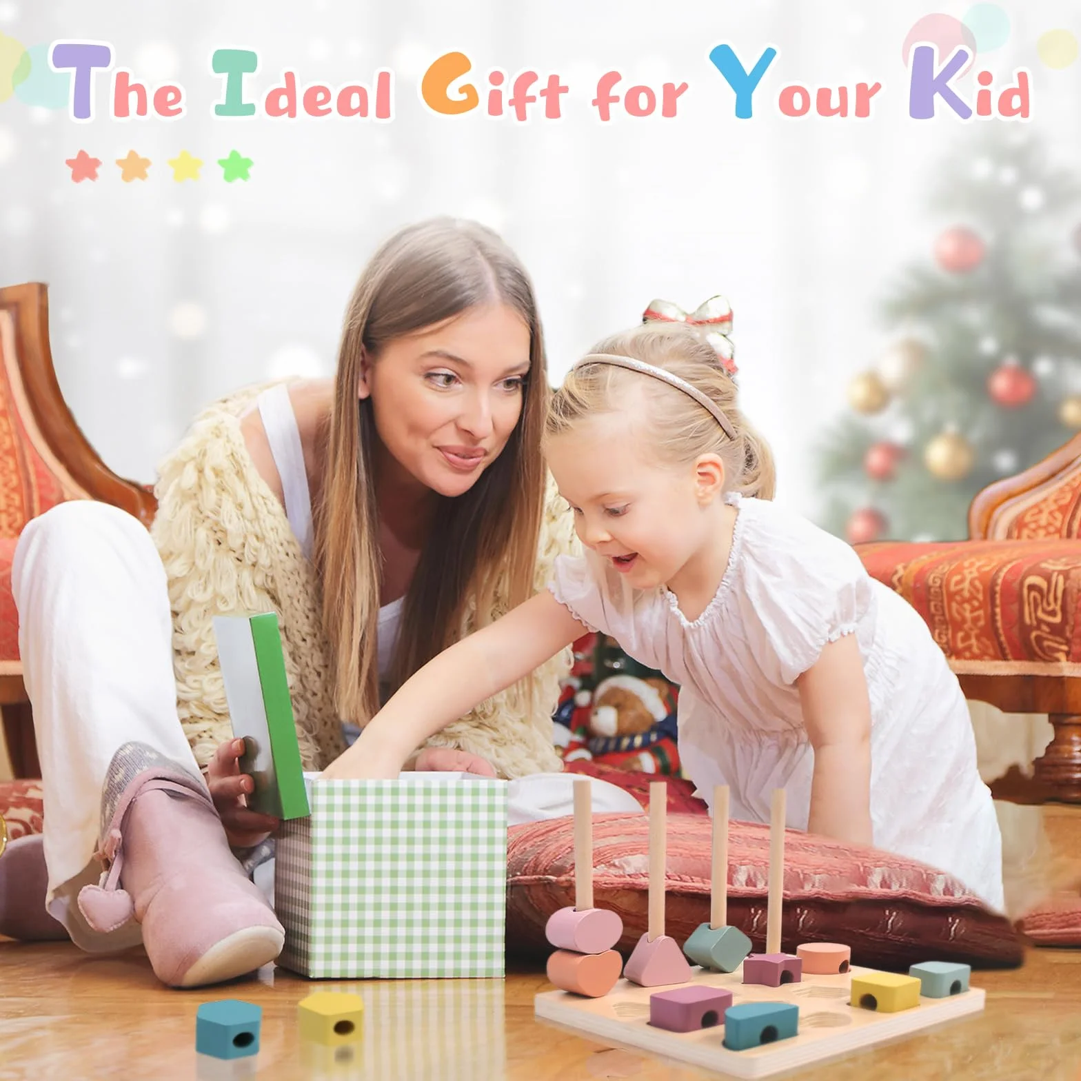 Jeux Montessori Enfant 3 en 1 Jouet d'Activité Empilable Enfiler Tri Bois Cadeau Garçon Fille 2-5 Ans