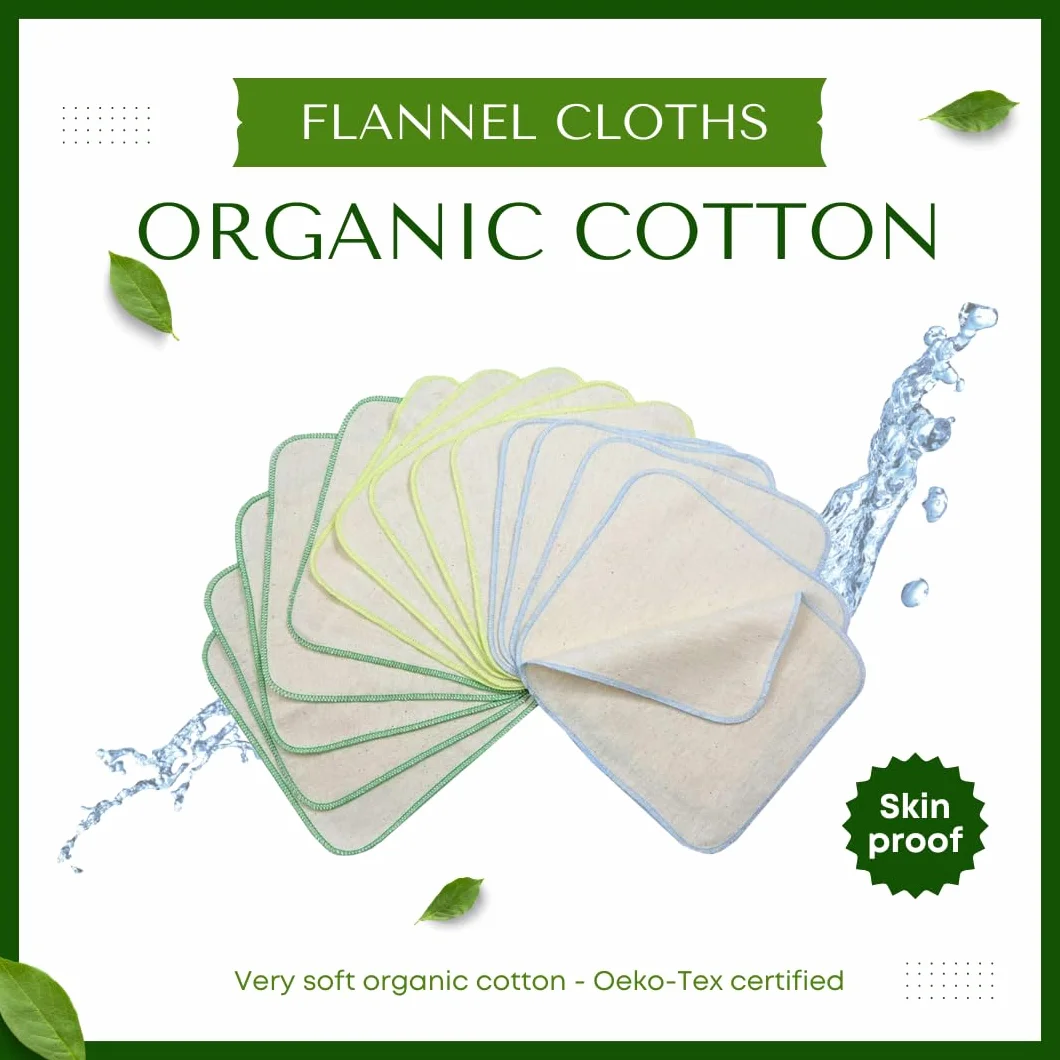 Gants de toilette réutilisables en flanelle de coton bio Lot de 15 - Serviettes lavables vert