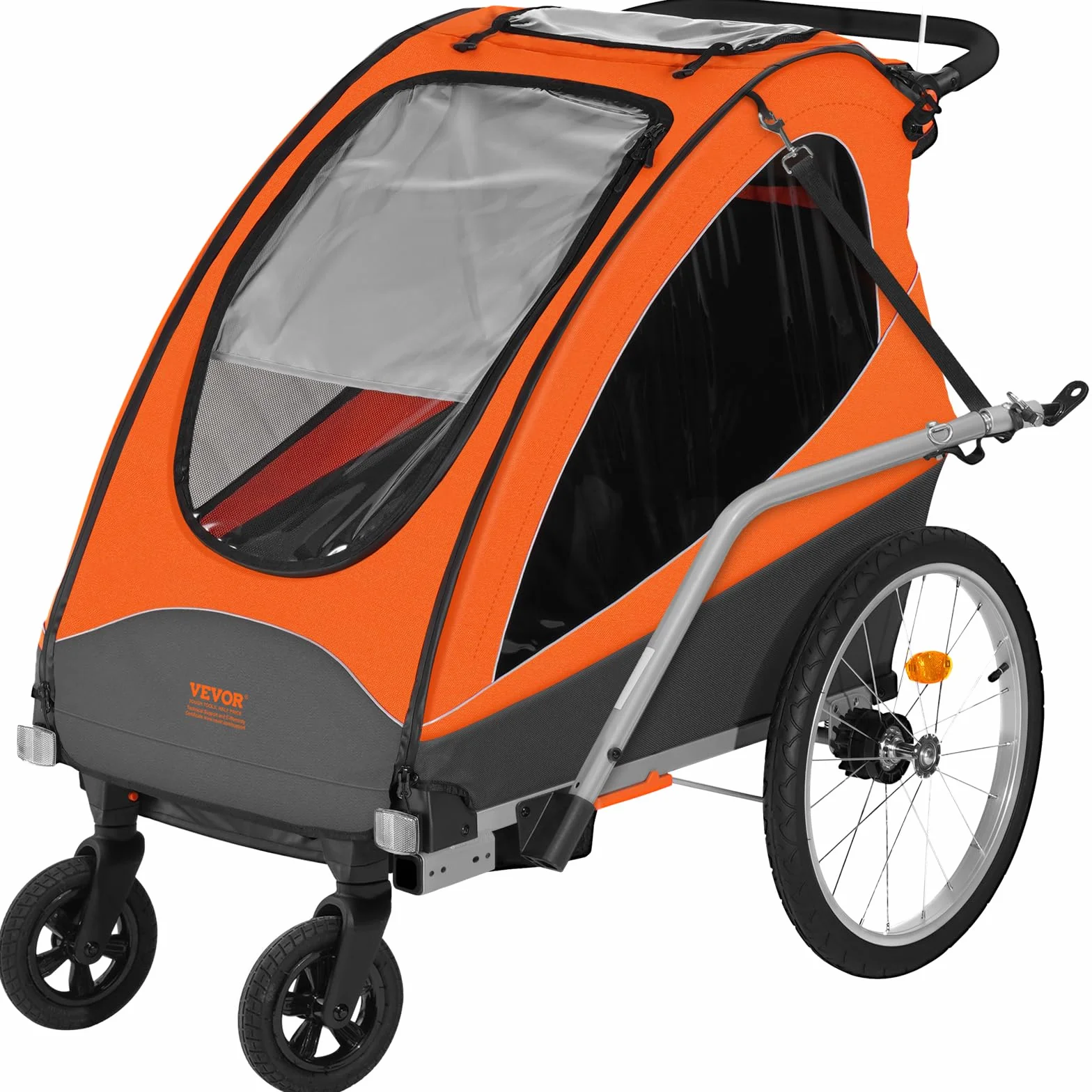 VEVOR Remorque de vélo pour Enfants Double Siège 55 kg 2en1 Pliable Poussette Orange Gris