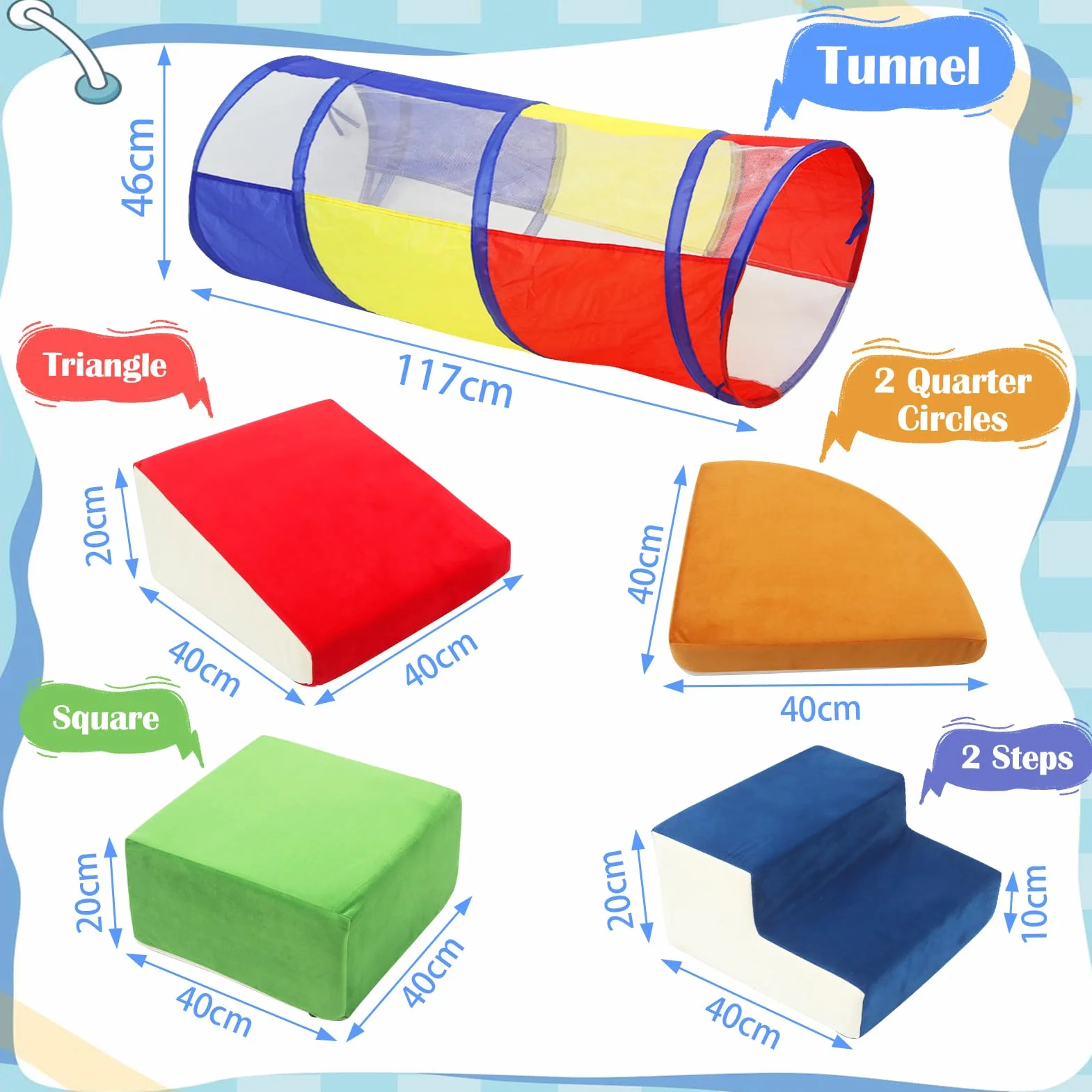 XIAPIA Lot de 6 Blocs de Construction en Mousse avec Tunnel de Jeu – Parcours Motricité – Toboggans d'intérieur Lavable
