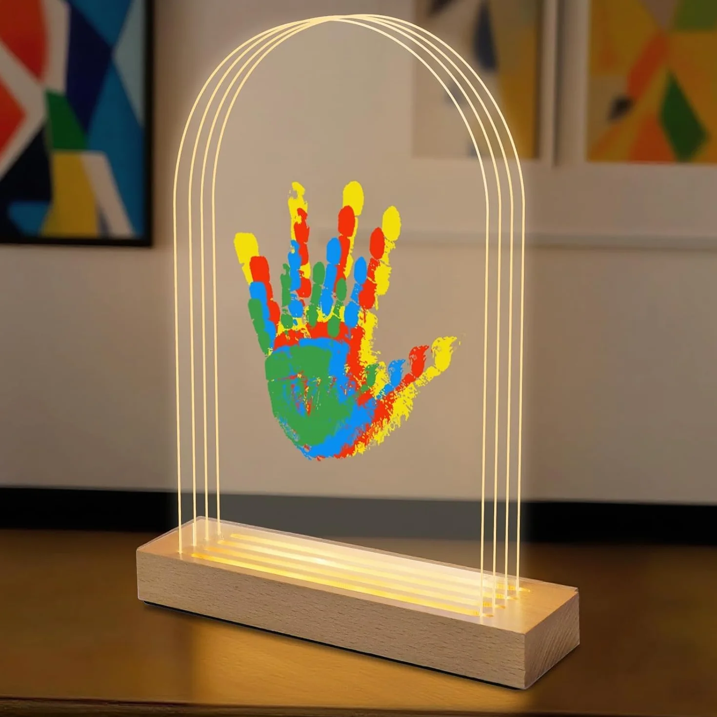 Empreinte Main Famille pour 4, Base en bois avec LED lumière, Cadre Empreintes Bebe Cadeau Fete des Meres